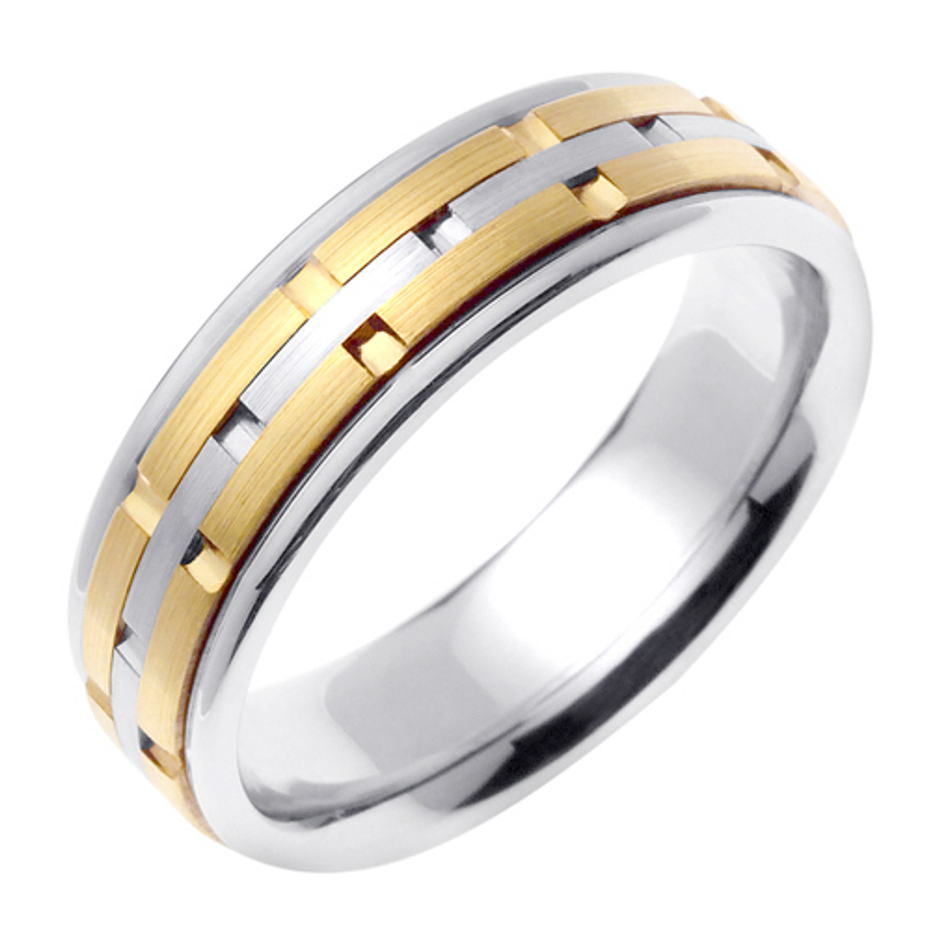 18k White Gold With yellow gold. 6.5mm Wide Handmade Wedding Band (448) 18k White Gold With yellow gold. 6.5mm Wide Handmade Wedding Band (448)