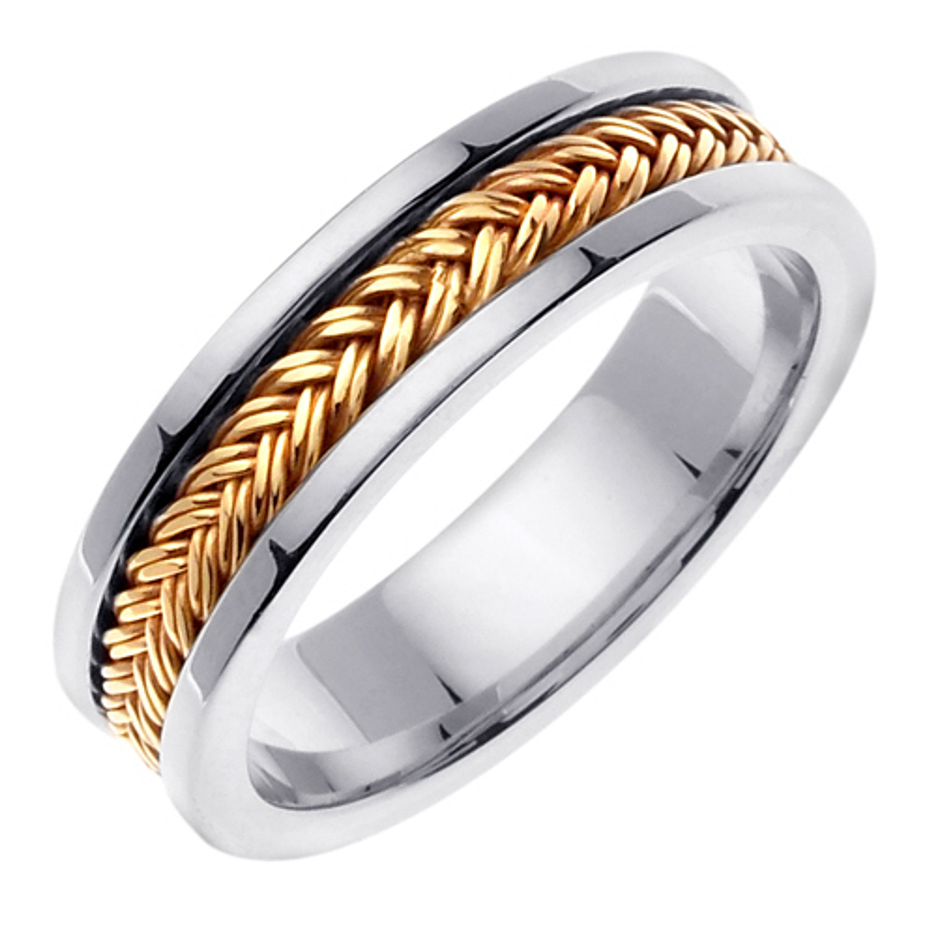 18k White Gold with Yellow gold. 6mm Wide Handmade Braided Pattern Wedding Band 18k White Gold with Yellow gold. 6mm Wide Handmade Braided Pattern Wedding Band
