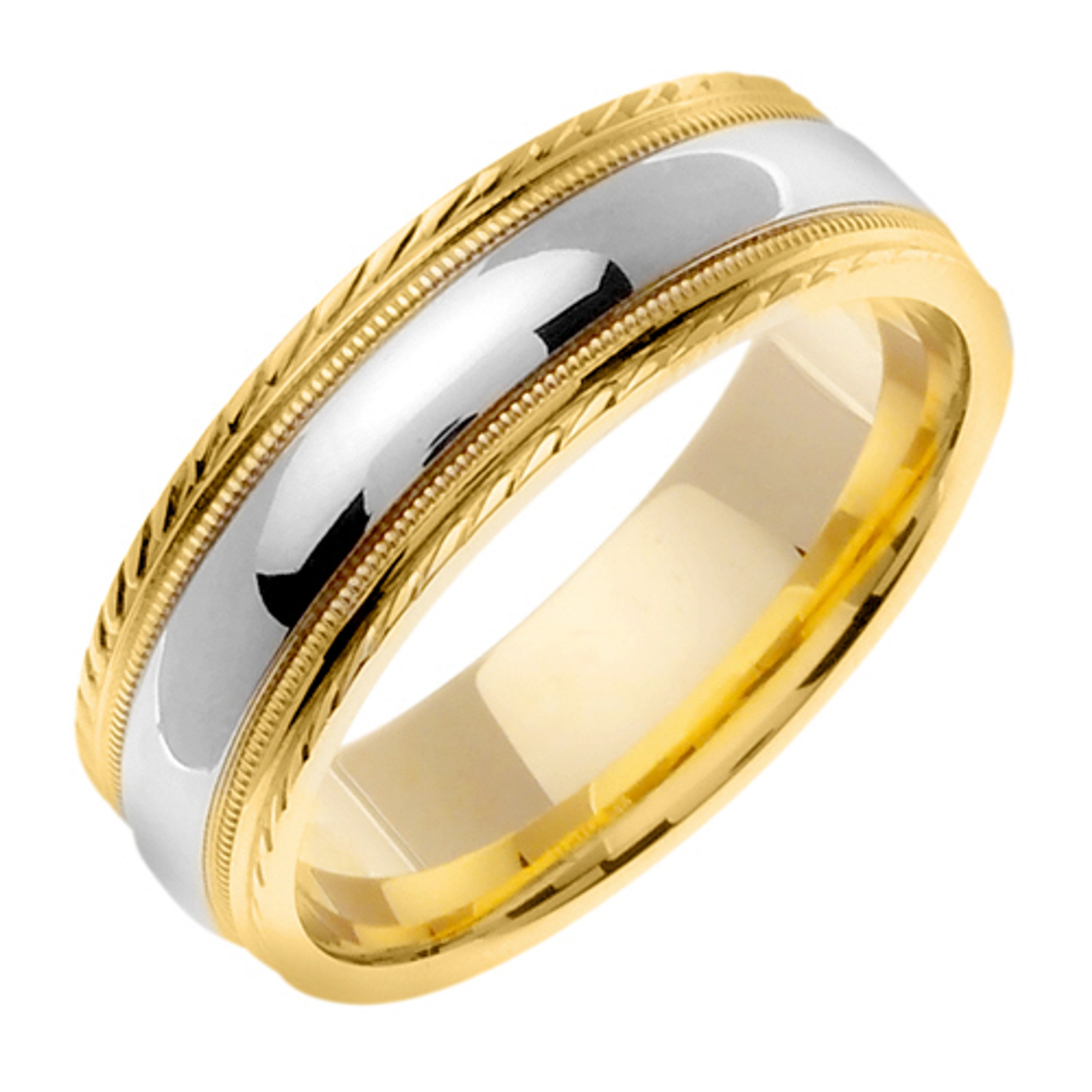 18k Yellow Gold with White Gold. 7mm Wide Handmade Wedding Band (538) 18k Yellow Gold with White Gold. 7mm Wide Handmade Wedding Band (538)