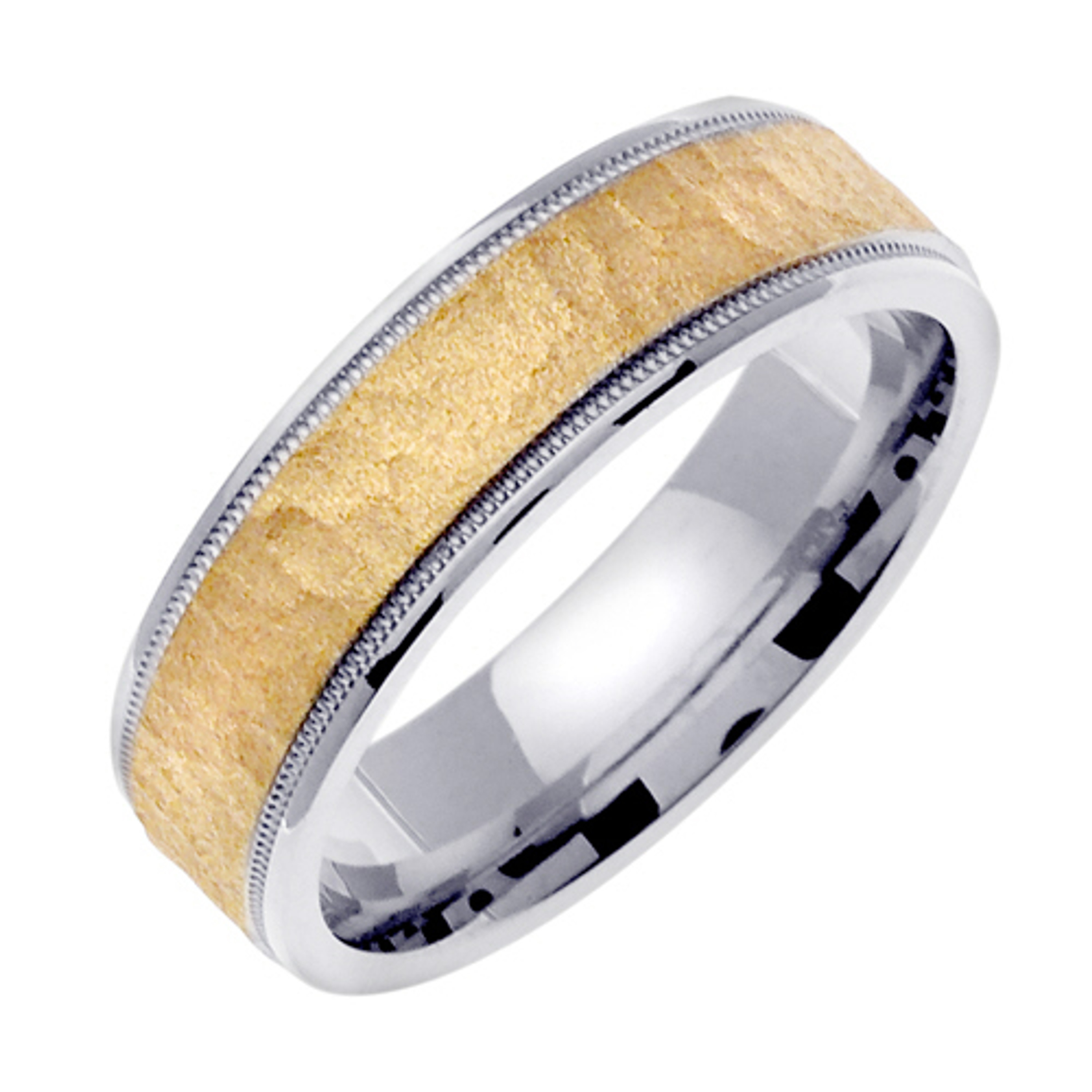 18k White Gold With yellow gold. 6.5mm Wide Handmade Wedding Band (628) 18k White Gold With yellow gold. 6.5mm Wide Handmade Wedding Band (628)