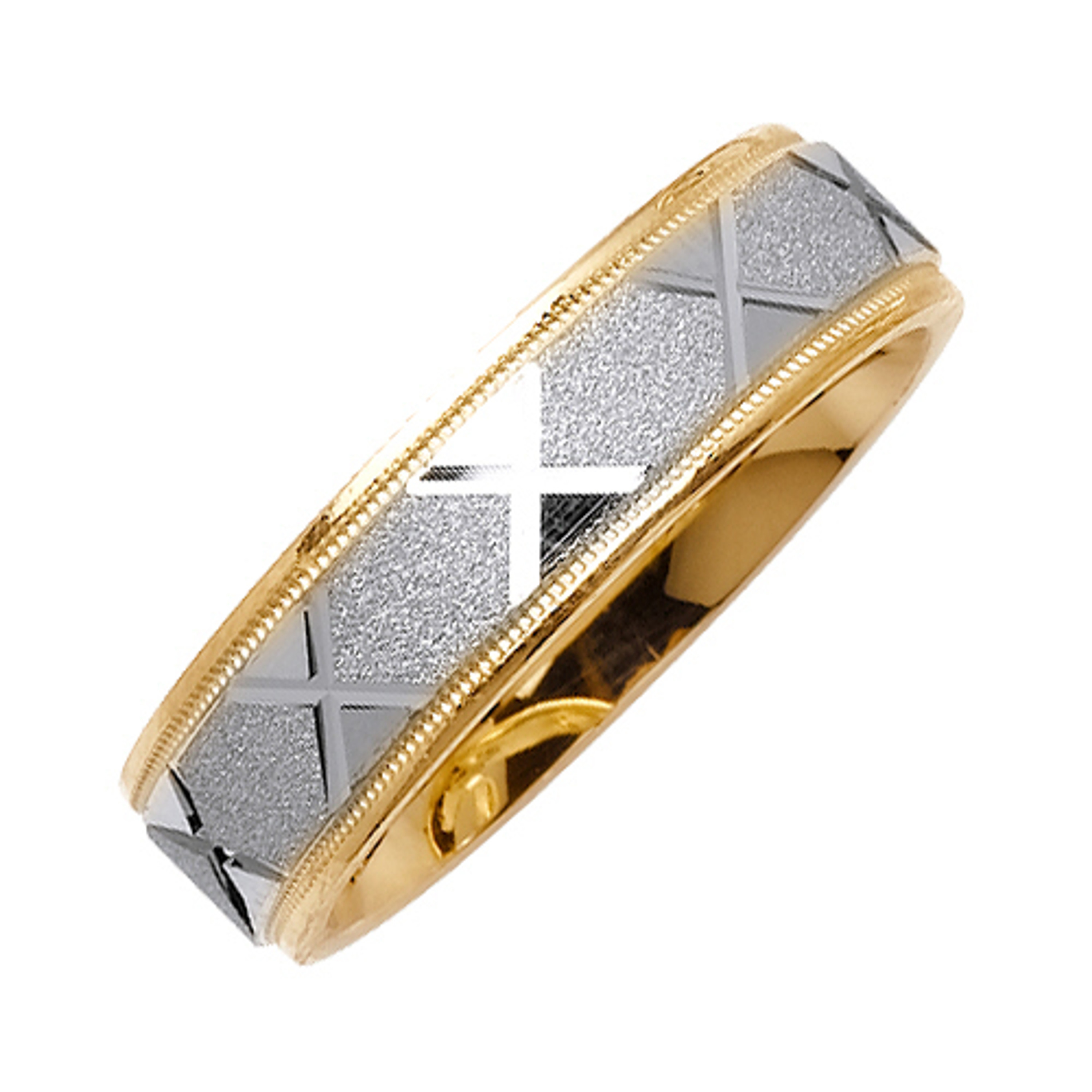 18K 6mm Wide Yellow Gold With White Gold X Pattern Center Handmade Wedding Band 18K 6mm Wide Yellow Gold With White Gold X Pattern Center Handmade Wedding Band