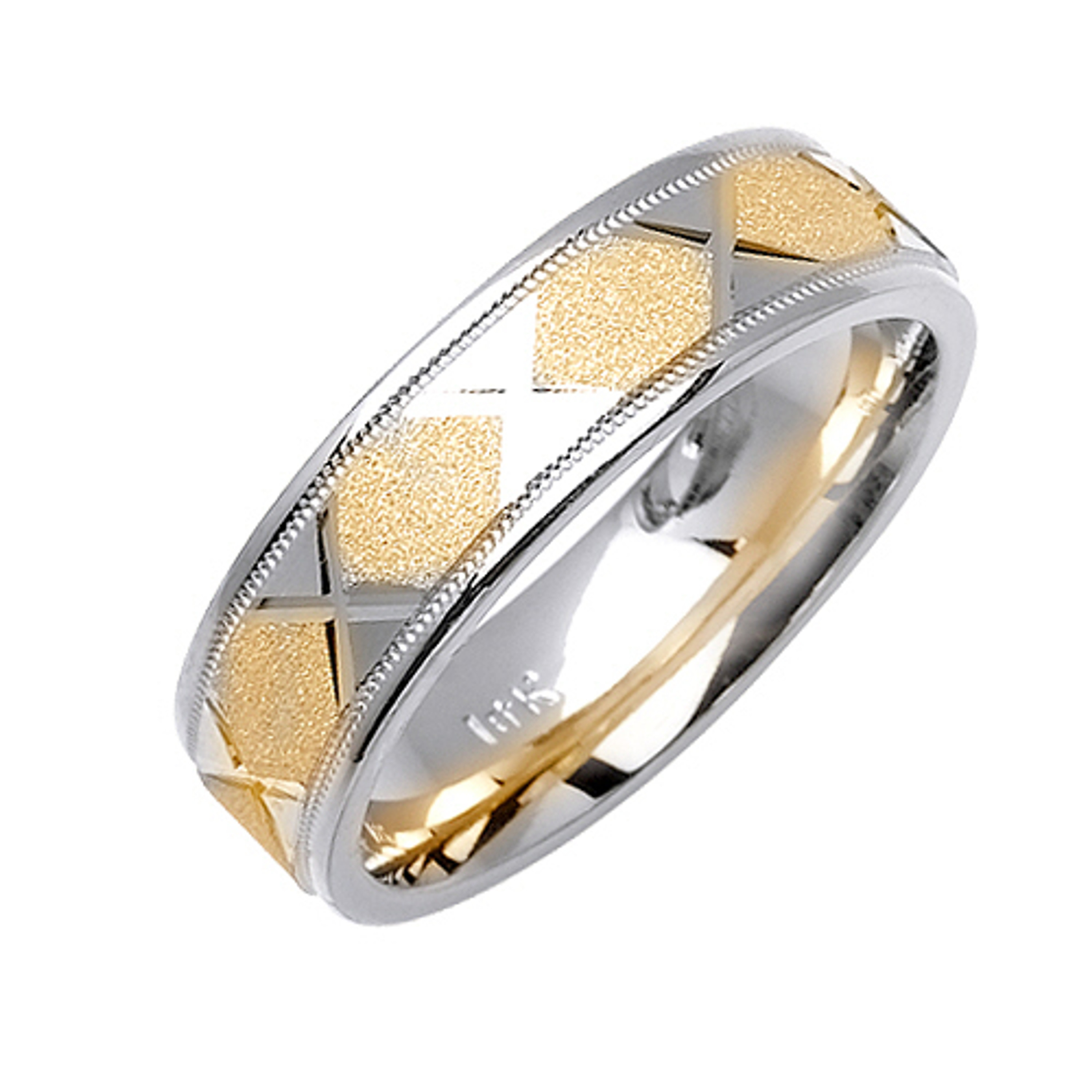 18K Yellow Gold With White Gold 6mm Diamond Pattern Handmade Wedding Band 18K Yellow Gold With White Gold 6mm Diamond Pattern Handmade Wedding Band