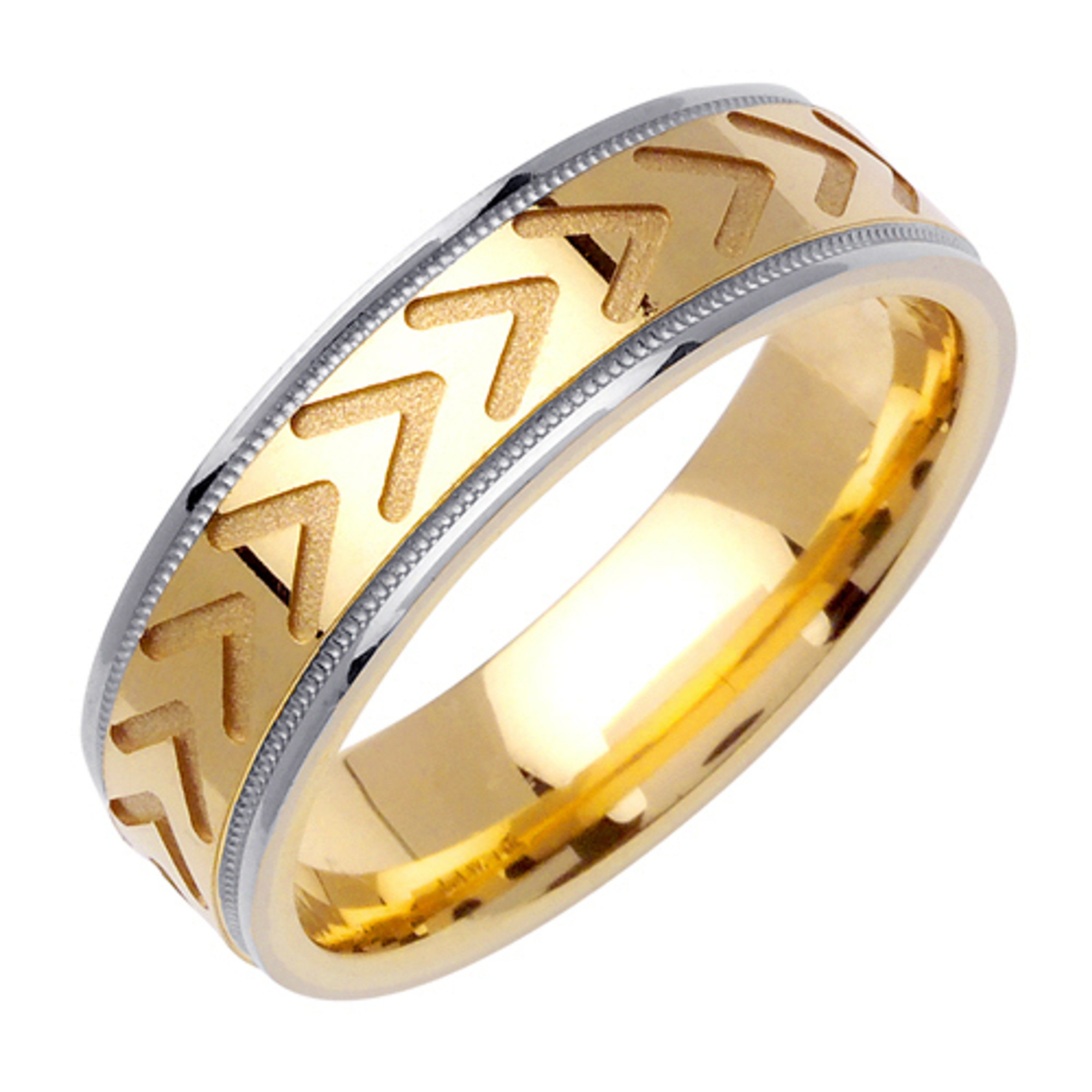 18K Yellow Gold With White Gold 6mm V Pattern Handmade Wedding Band 18K Yellow Gold With White Gold 6mm V Pattern Handmade Wedding Band