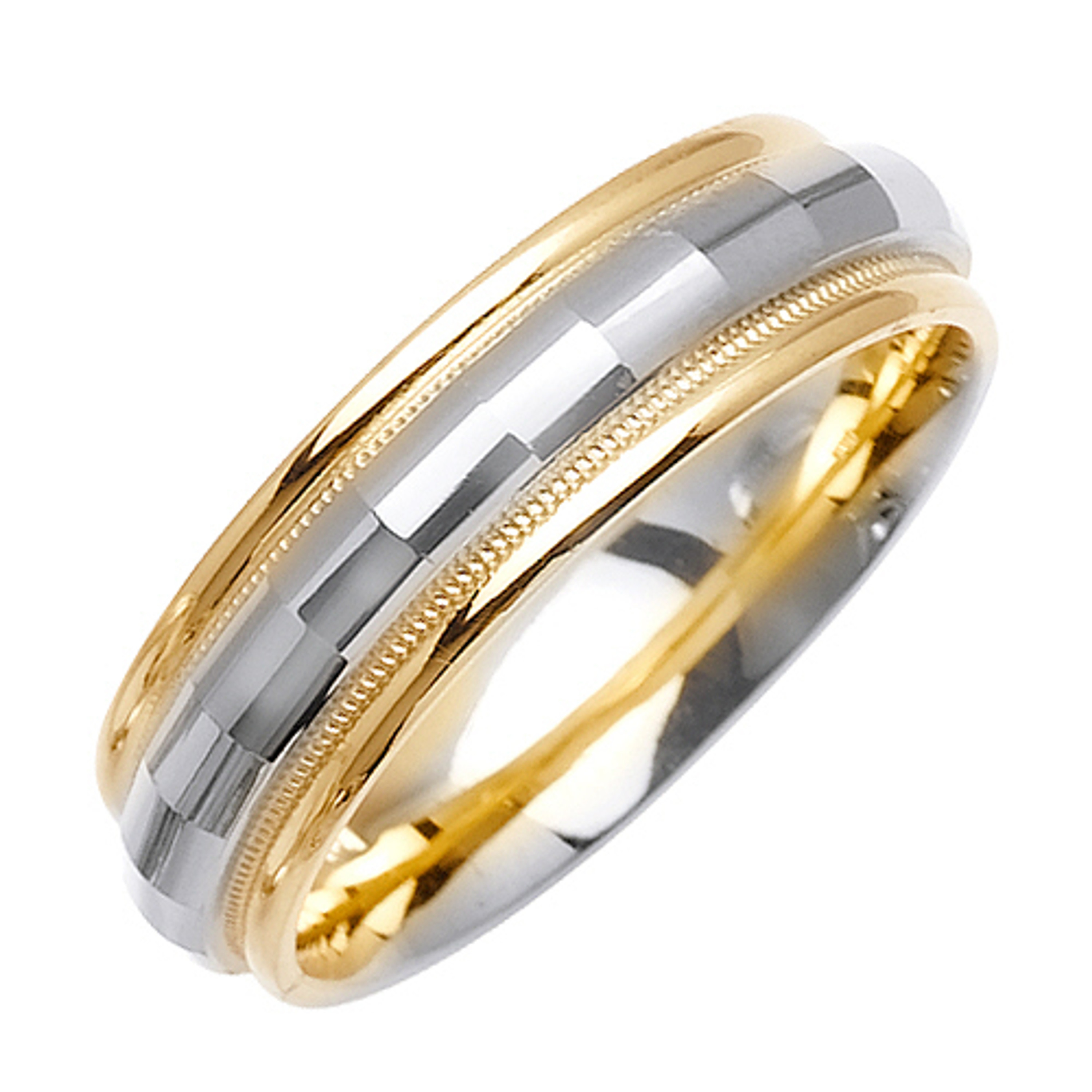 18K Yellow Gold With White Gold 6mm Handmade Faceted Pattern Wedding Band 18K Yellow Gold With White Gold 6mm Handmade Faceted Pattern Wedding Band