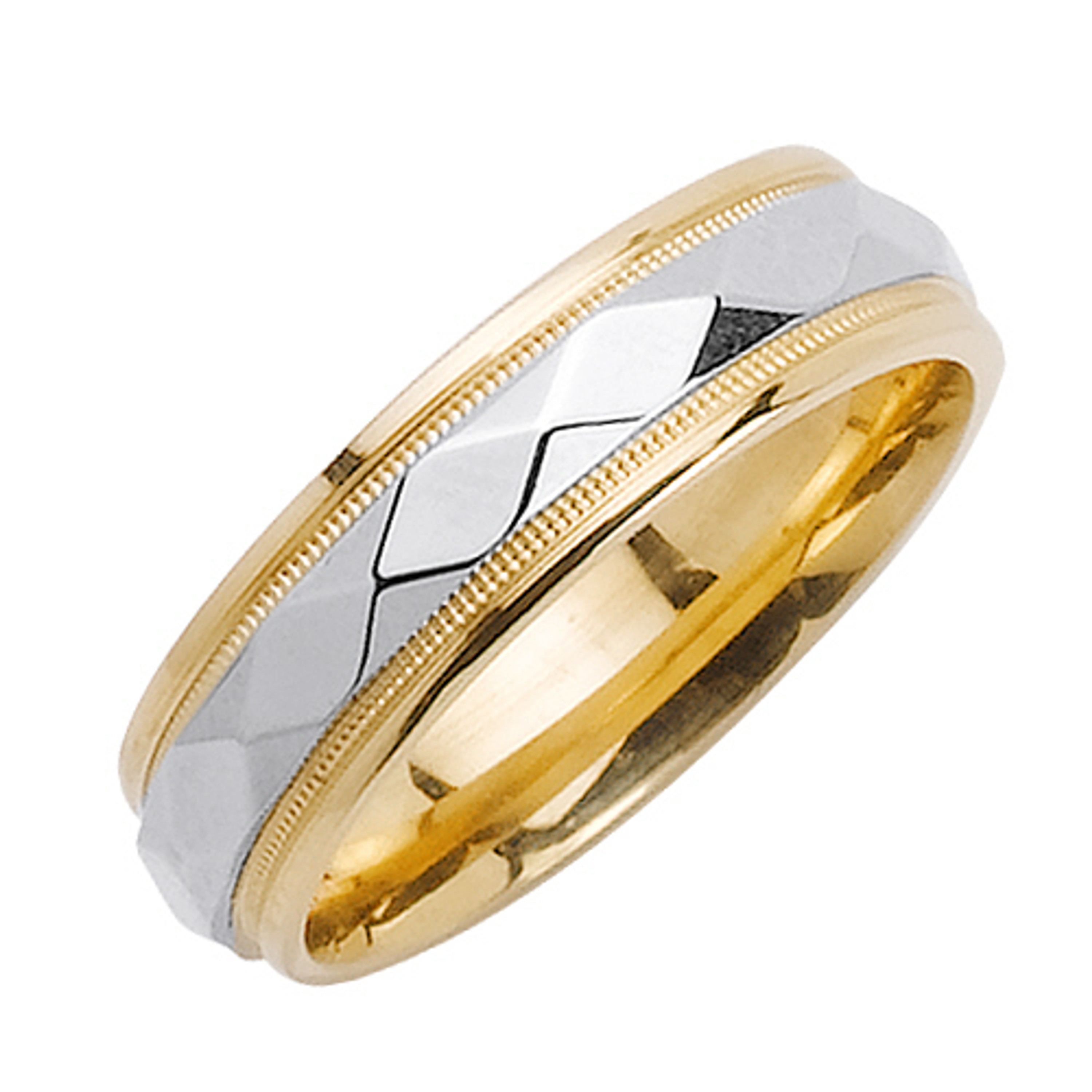 18K Yellow Gold With White Gold 6mm Handmade Diamond Pattern Wedding Band 18K Yellow Gold With White Gold 6mm Handmade Diamond Pattern Wedding Band