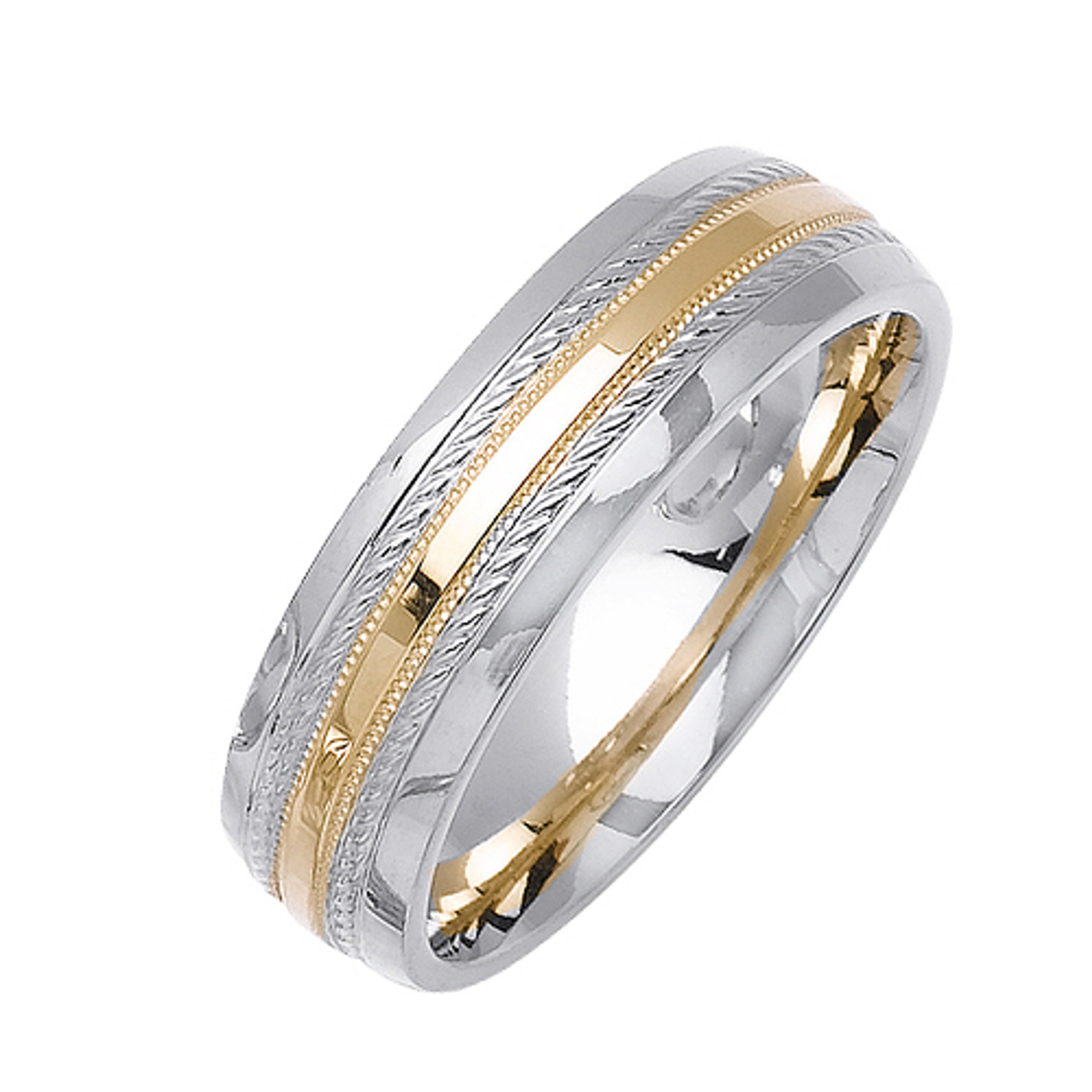 18k White Gold With yellow gold. 6.5mm Wide Handmade Wedding Band (1140) 18k White Gold With yellow gold. 6.5mm Wide Handmade Wedding Band (1140)