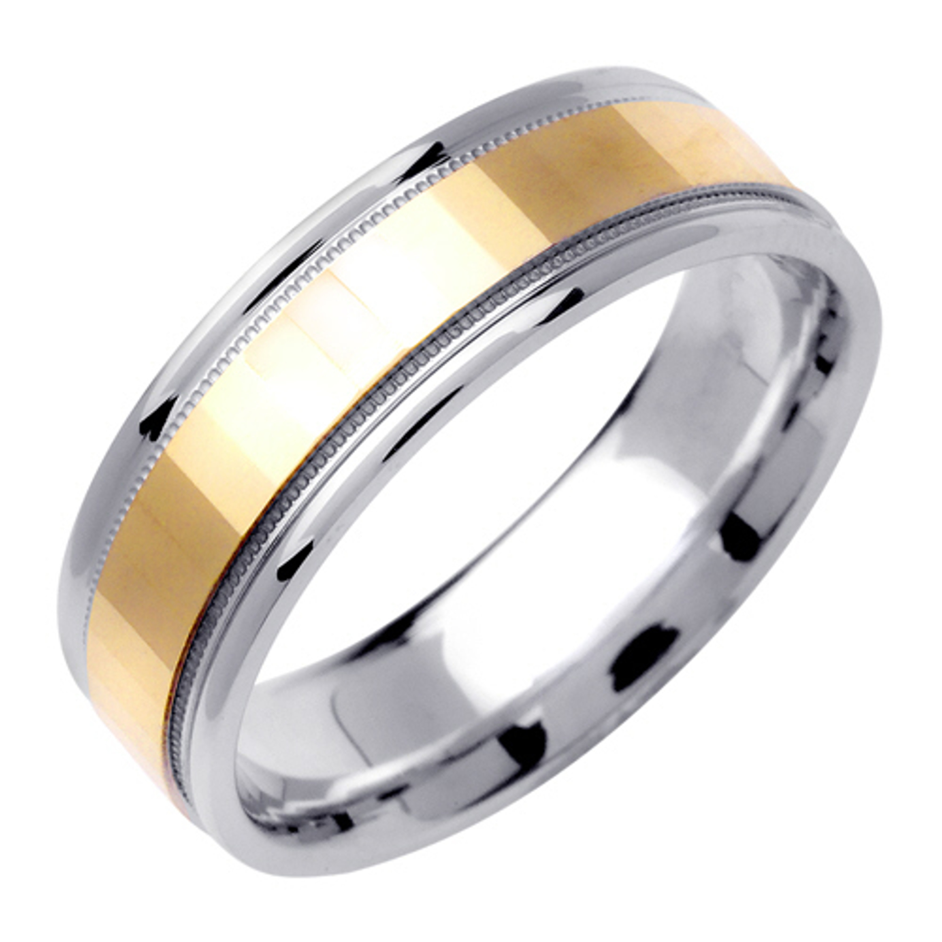 18k White Gold With yellow gold. 6.5mm Wide Handmade Wedding Band (1235) 18k White Gold With yellow gold. 6.5mm Wide Handmade Wedding Band (1235)