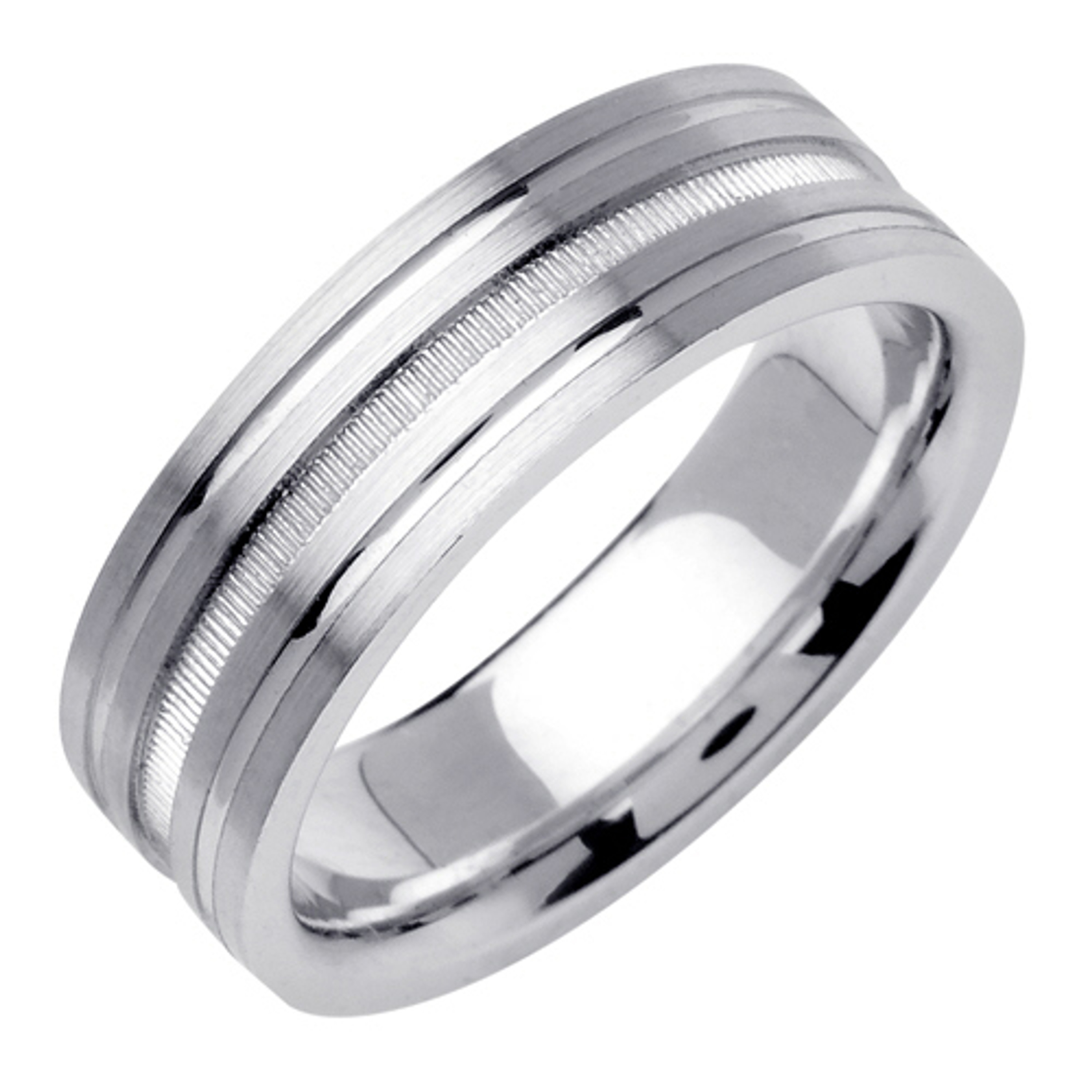 18k White Gold 6.5mm Wide Modern Polished With A Center Milgrain Wedding Band 18k White Gold 6.5mm Wide Modern Polished With A Center Milgrain Wedding Band