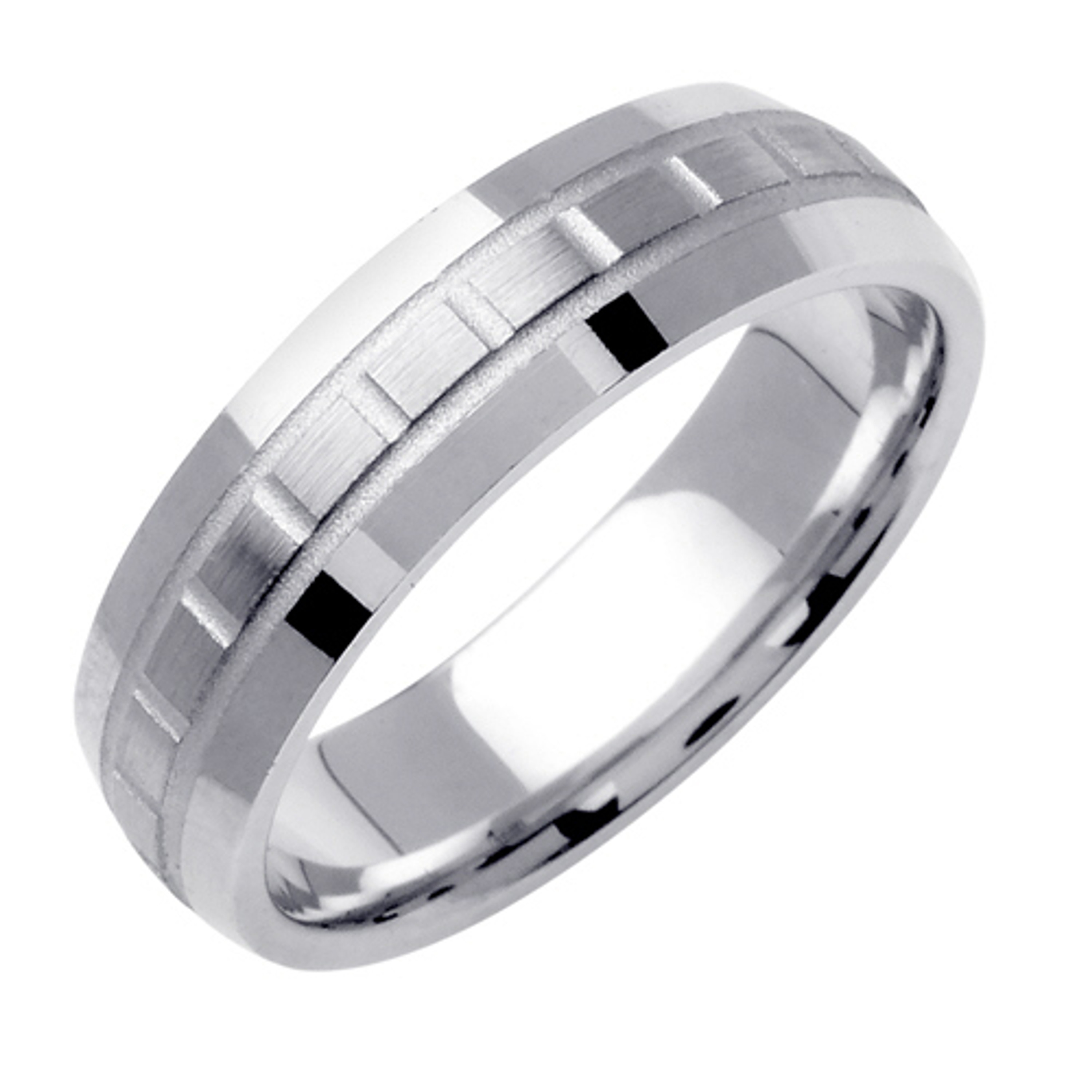 18k White Gold 6.5mm Wide Brushed Finish With Square Pattern Wedding Band 18k White Gold 6.5mm Wide Brushed Finish With Square Pattern Wedding Band