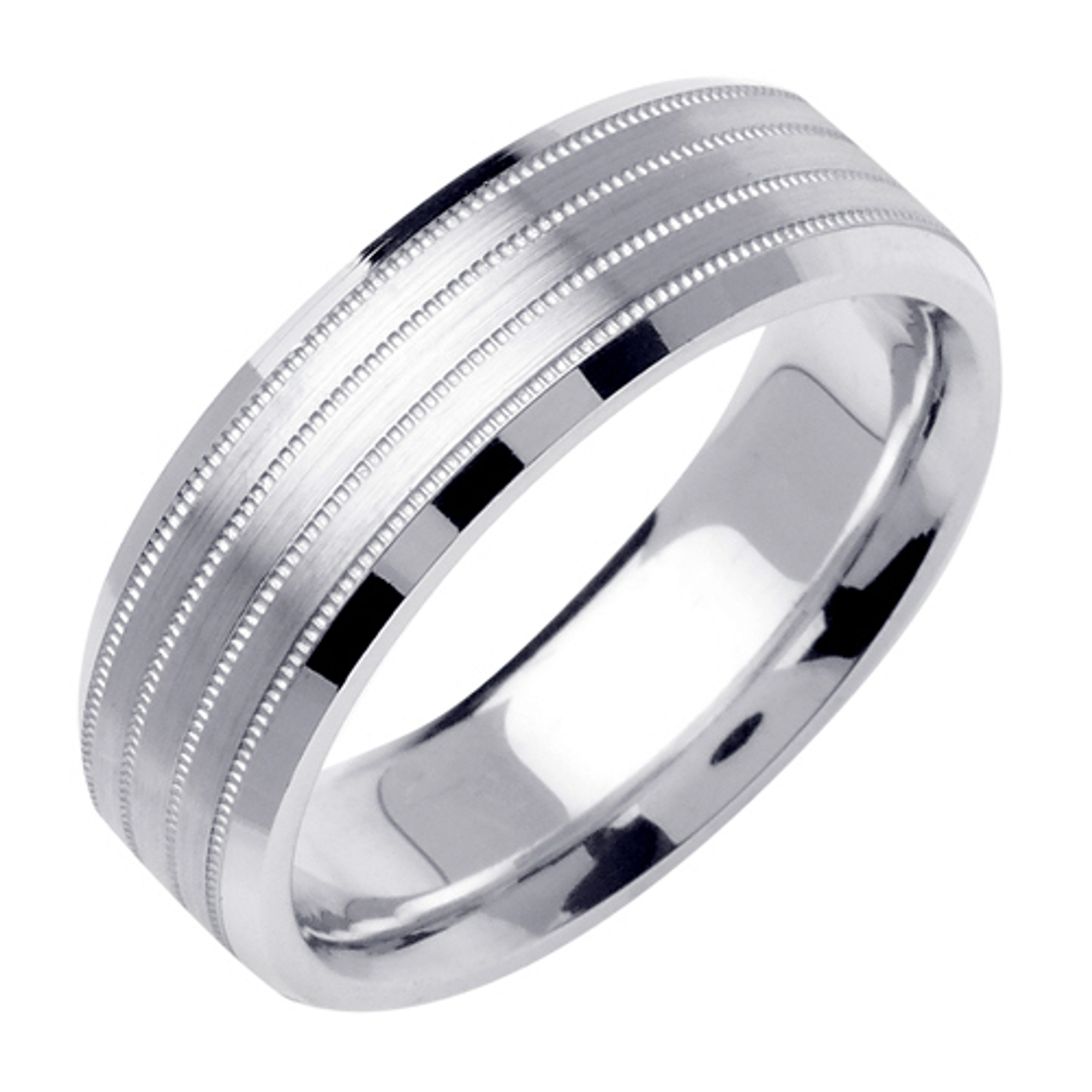 18k White Gold 6.5mm Wide Brushed Finished With 3 Rows Of Milgrain Wedding Band 18k White Gold 6.5mm Wide Brushed Finished With 3 Rows Of Milgrain Wedding Band