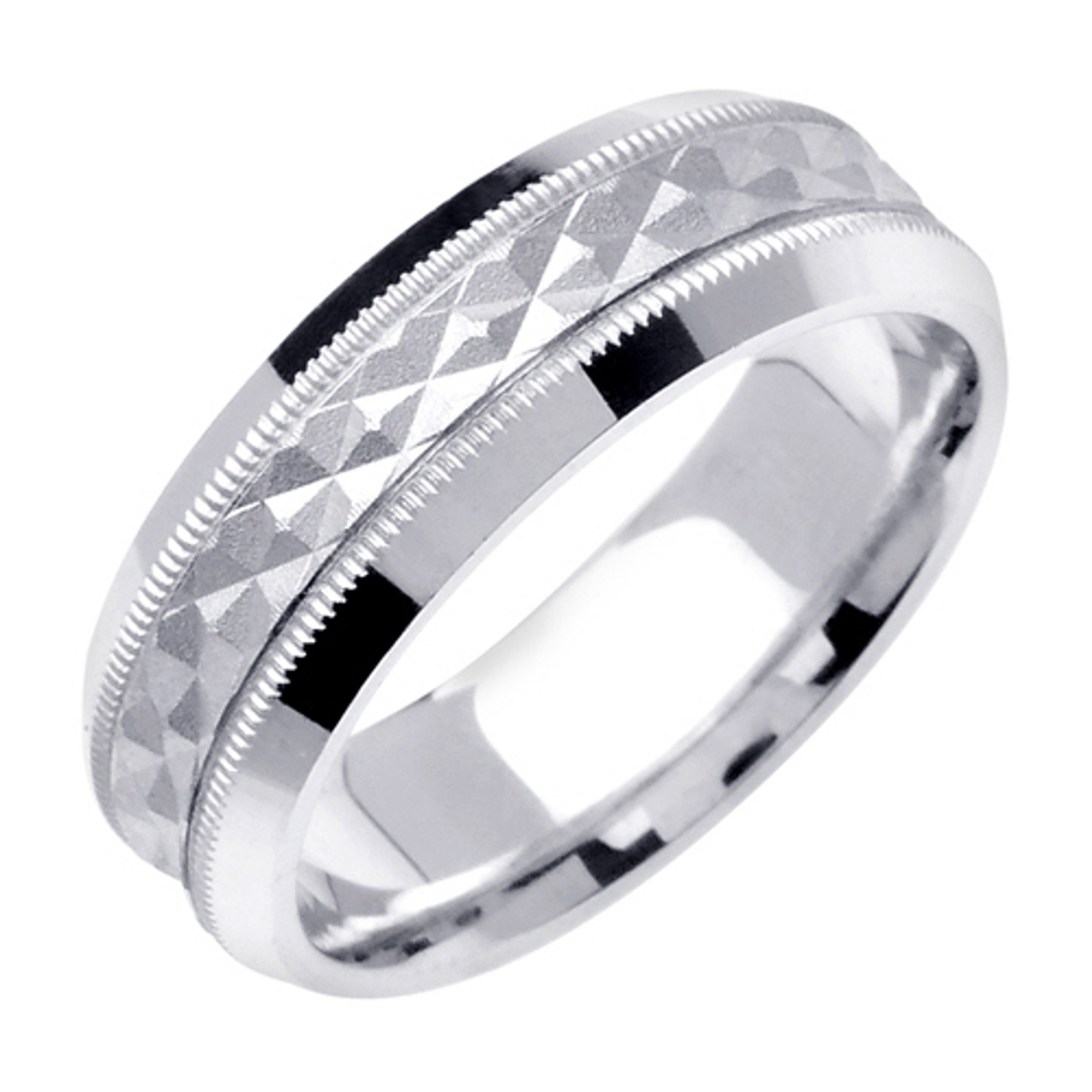 18k White Gold 6.5mm Wide 2 Rows Of Milgrain With A Brushed Finished Center Wedding Band 18k White Gold 6.5mm Wide 2 Rows Of Milgrain With A Brushed Finished Center Wedding Band