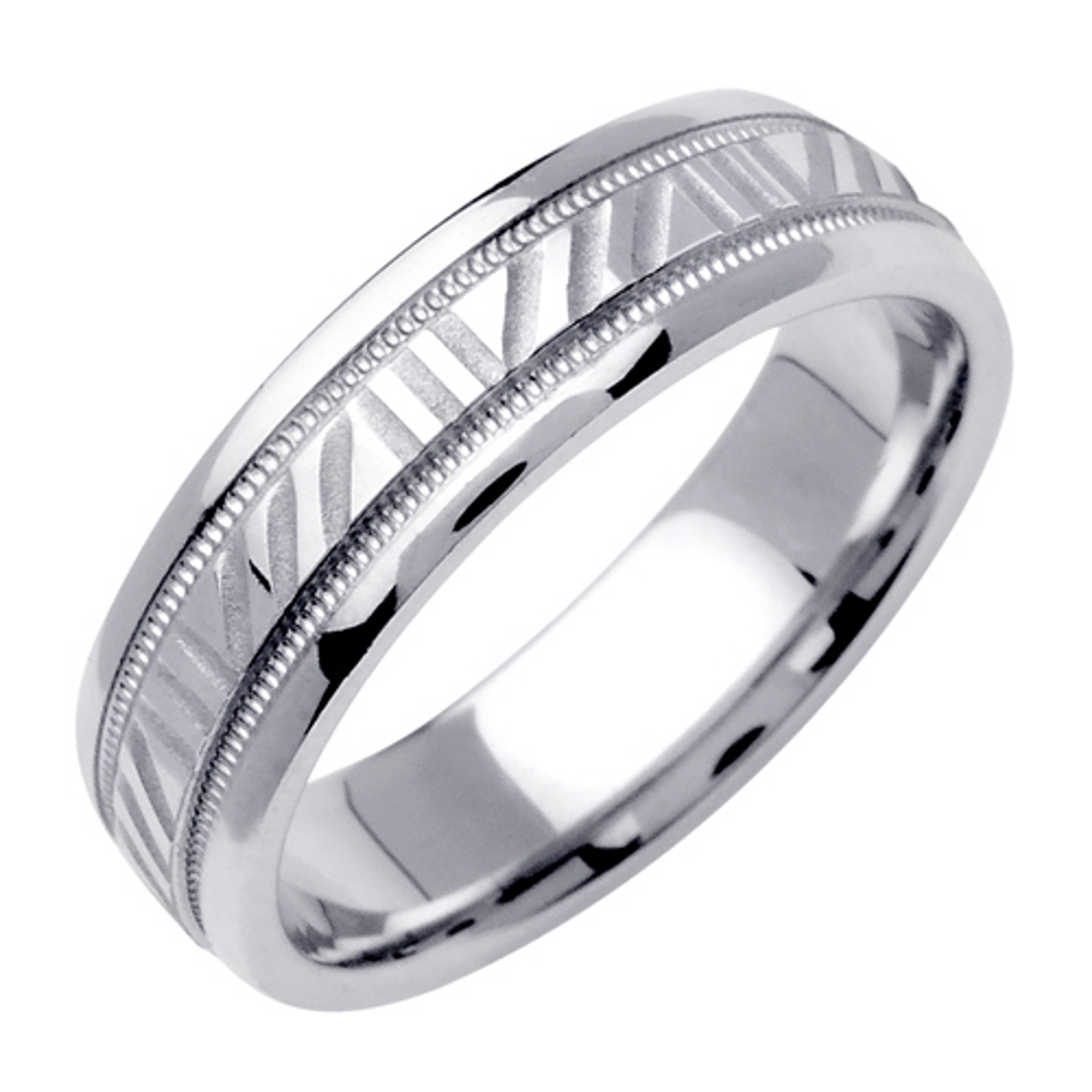 18k White Gold 6.5mm Wide 2 Rows Of Milgrain With A Diagonal Line Pattern Center Wedding Band 18k White Gold 6.5mm Wide 2 Rows Of Milgrain With A Diagonal Line Pattern Center Wedding Band