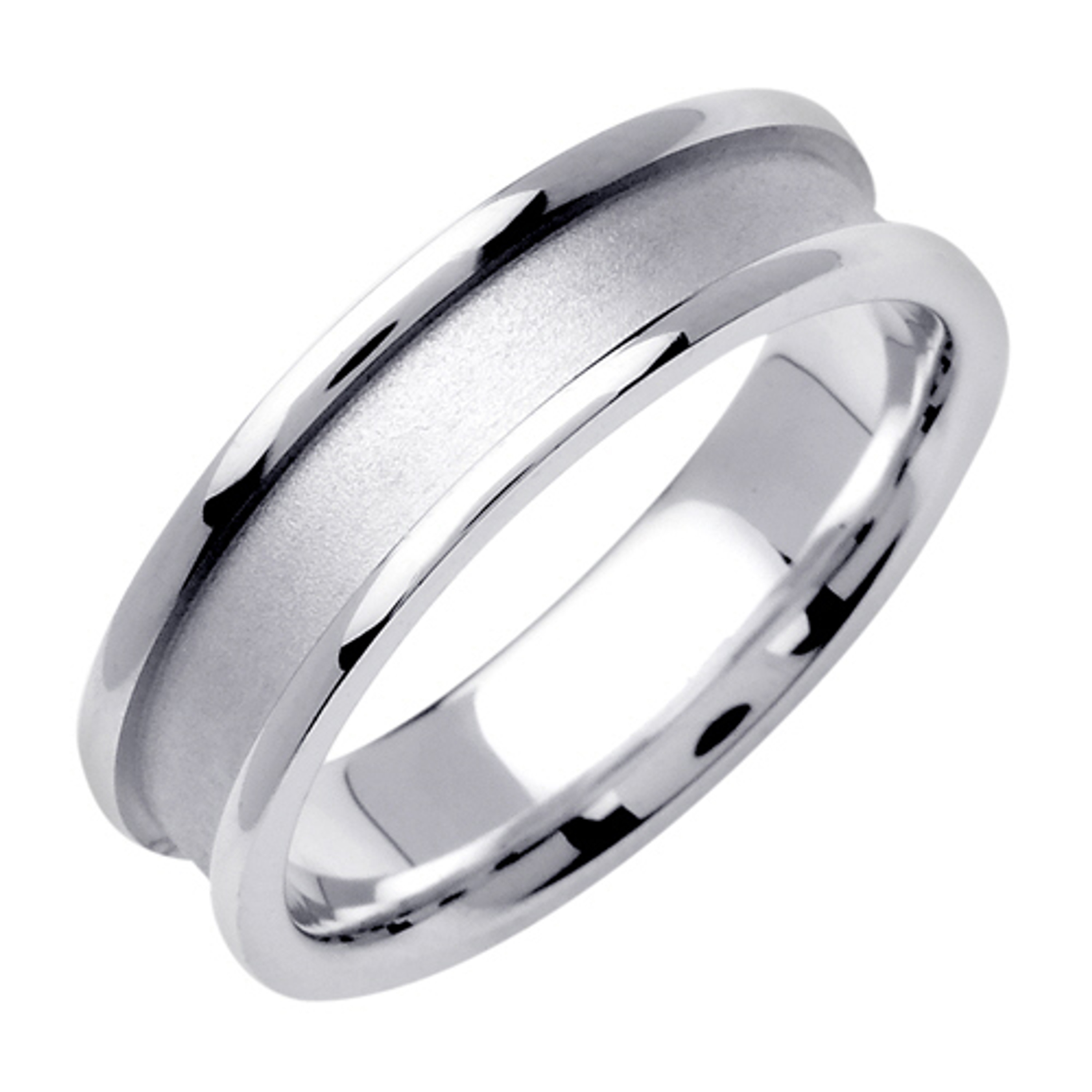 18k White Gold 6.5mm Wide Modern Polished Finished Edge With Brush Finished Carved Out Center Wedding Band 18k White Gold 6.5mm Wide Modern Polished Finished Edge With Brush Finished Carved Out Center Wedding Band