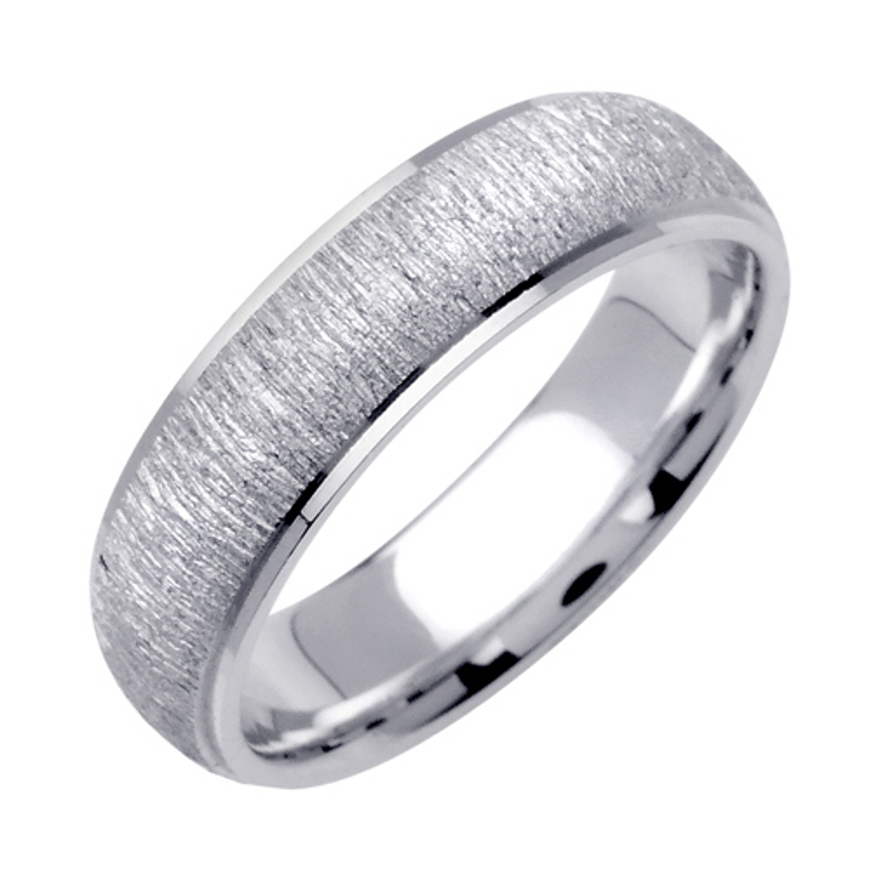18k White Gold 6.5mm Wide Tree Bark Finished Center With Polish Finished Edge Wedding Band 18k White Gold 6.5mm Wide Tree Bark Finished Center With Polish Finished Edge Wedding Band
