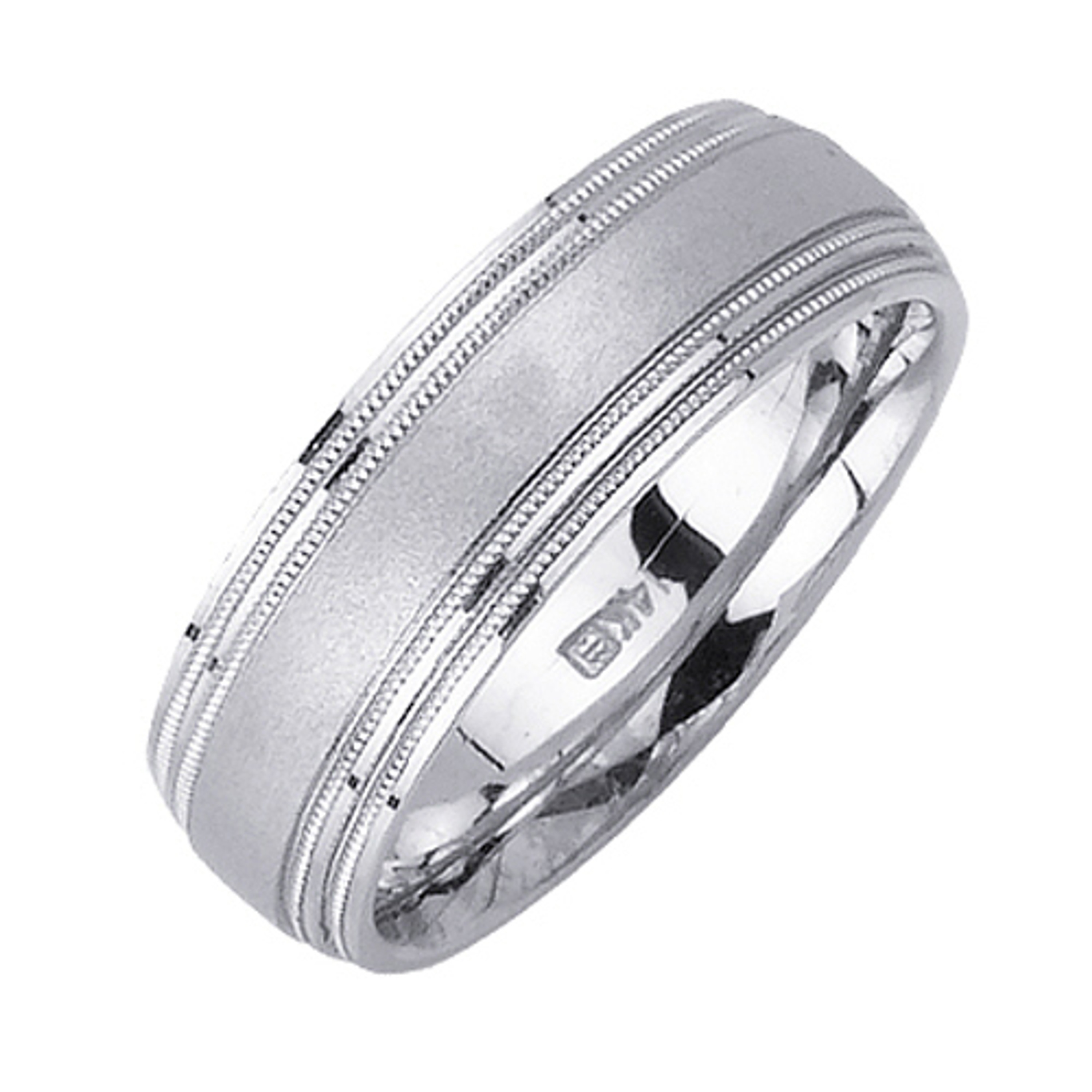 18K White Gold 7mm Wide 4 Rows Of Milgrain With A Brushed Finished Center Wedding Band 18K White Gold 7mm Wide 4 Rows Of Milgrain With A Brushed Finished Center Wedding Band