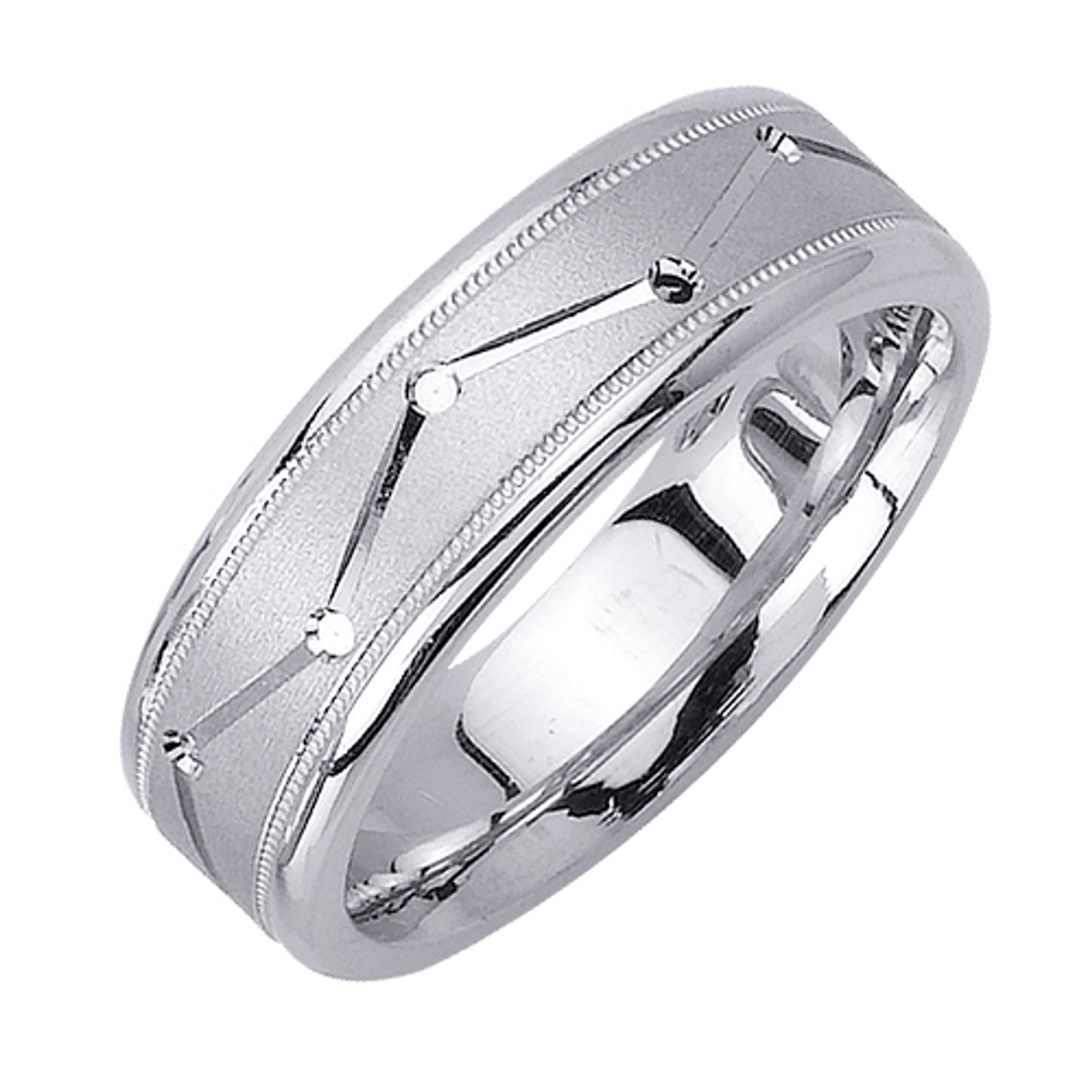 18k White Gold 6.5mm Wide Modern Brushed Finished With Zigzag Pattern Wedding Band 18k White Gold 6.5mm Wide Modern Brushed Finished With Zigzag Pattern Wedding Band