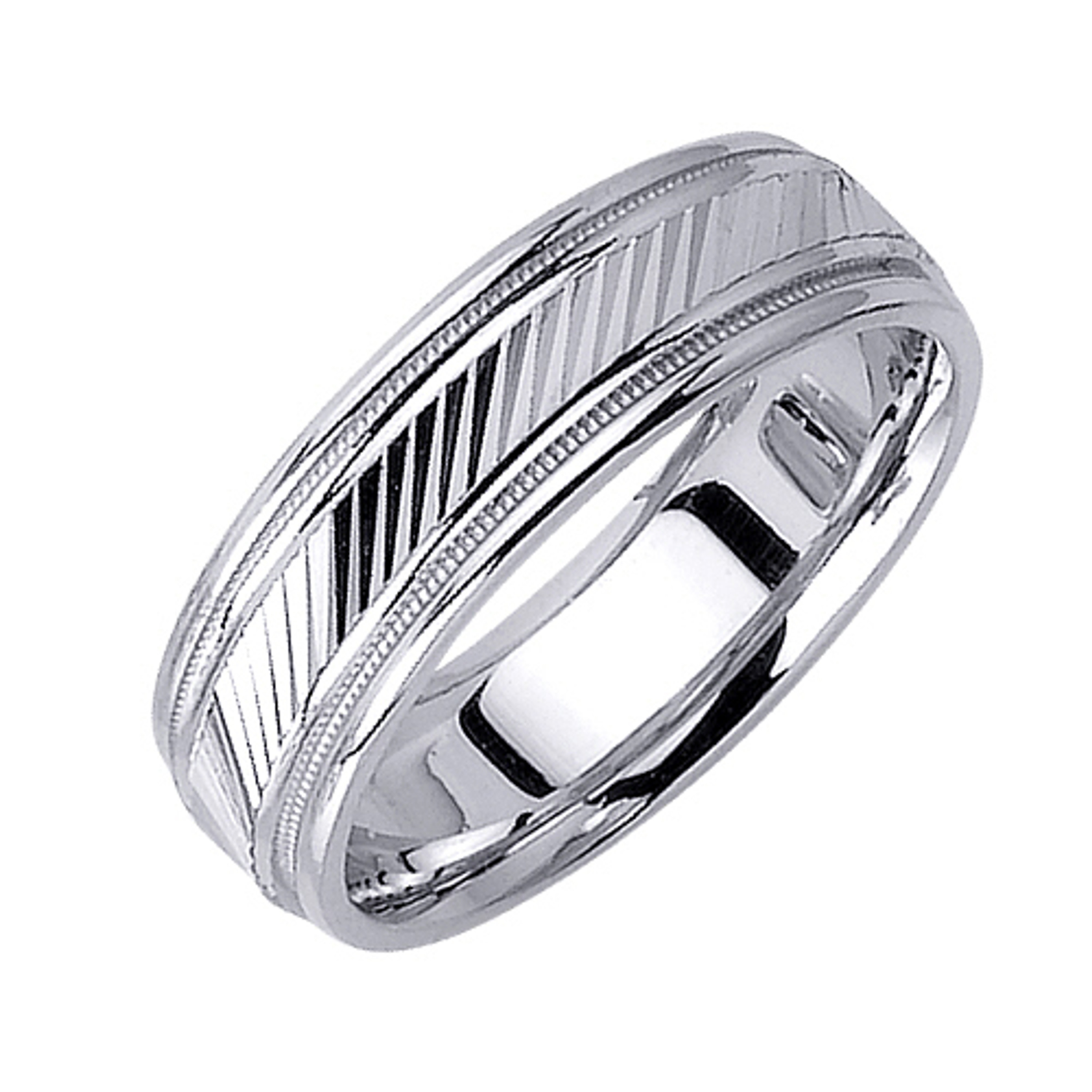 18k White Gold 6.5mm Wide 2 Rows Of Milgrain With Two Diagonal Cut Pattern Wedding Band 18k White Gold 6.5mm Wide 2 Rows Of Milgrain With Two Diagonal Cut Pattern Wedding Band