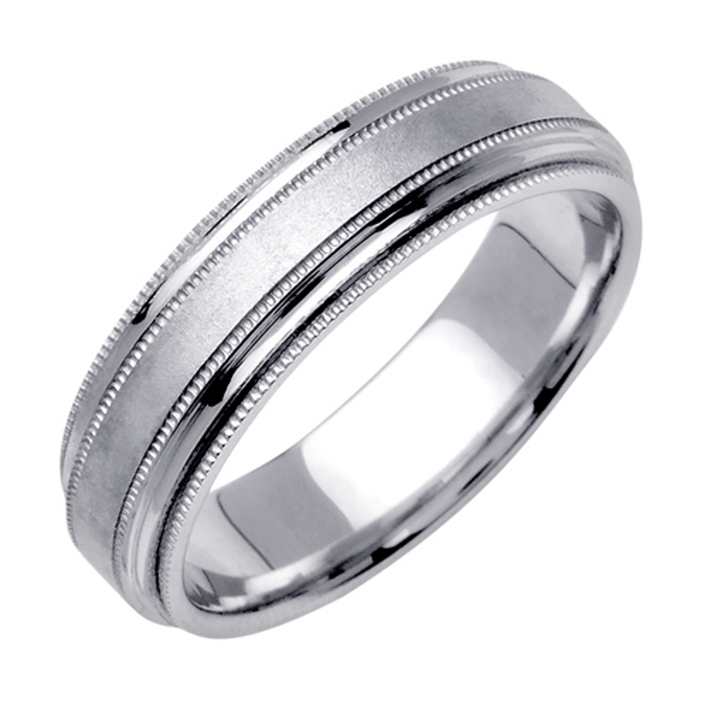 18k White Gold 6.5mm Wide 4 Rows Of Milgrain With One Brushed Finish Center Wedding Band 18k White Gold 6.5mm Wide 4 Rows Of Milgrain With One Brushed Finish Center Wedding Band