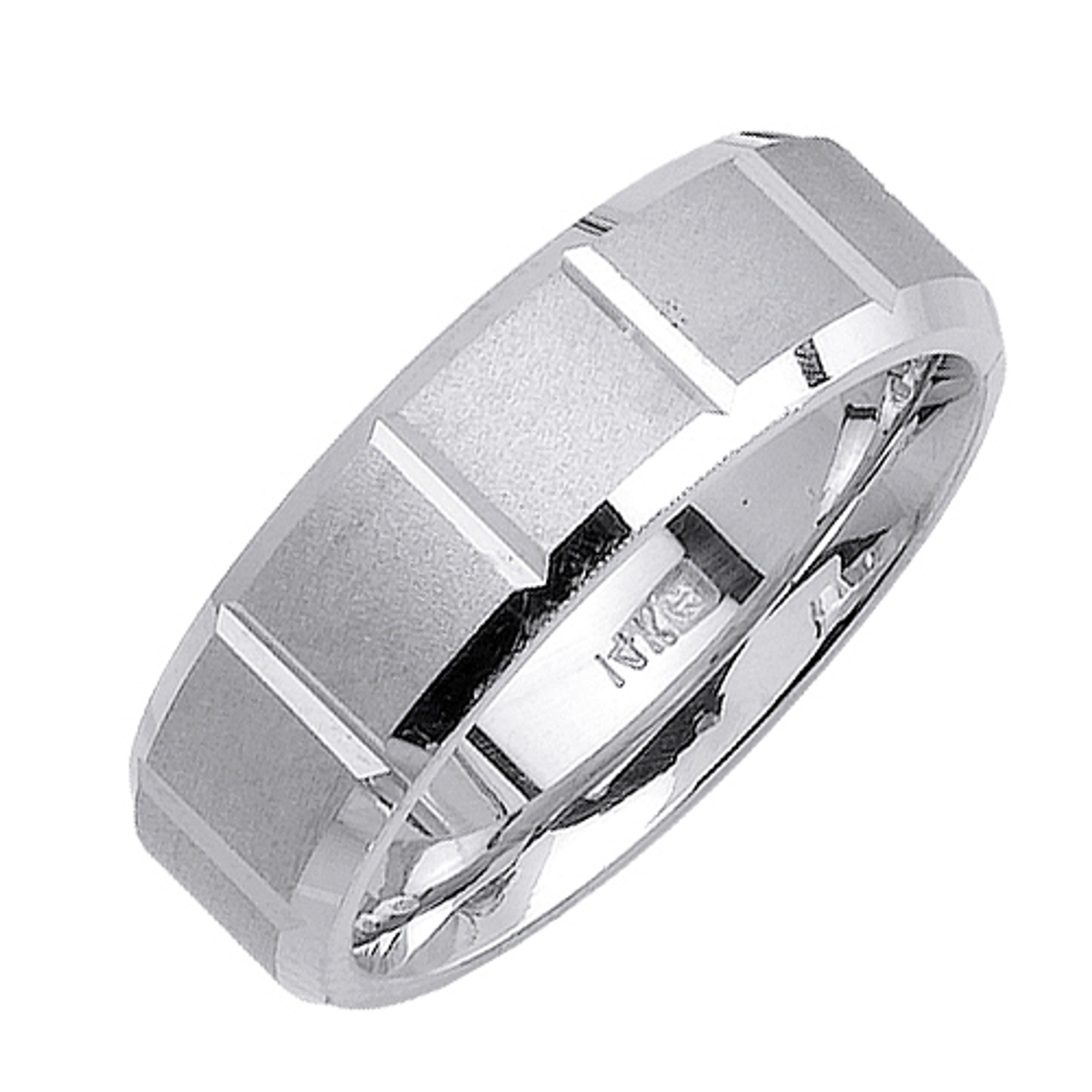 18K White Gold 7mm Wide Brushed Finish Large Squares Wedding Band