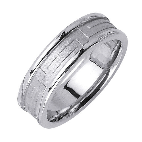 18k White Gold 6.5mm Wide Brushed Finish Large Greek Design Wedding Band