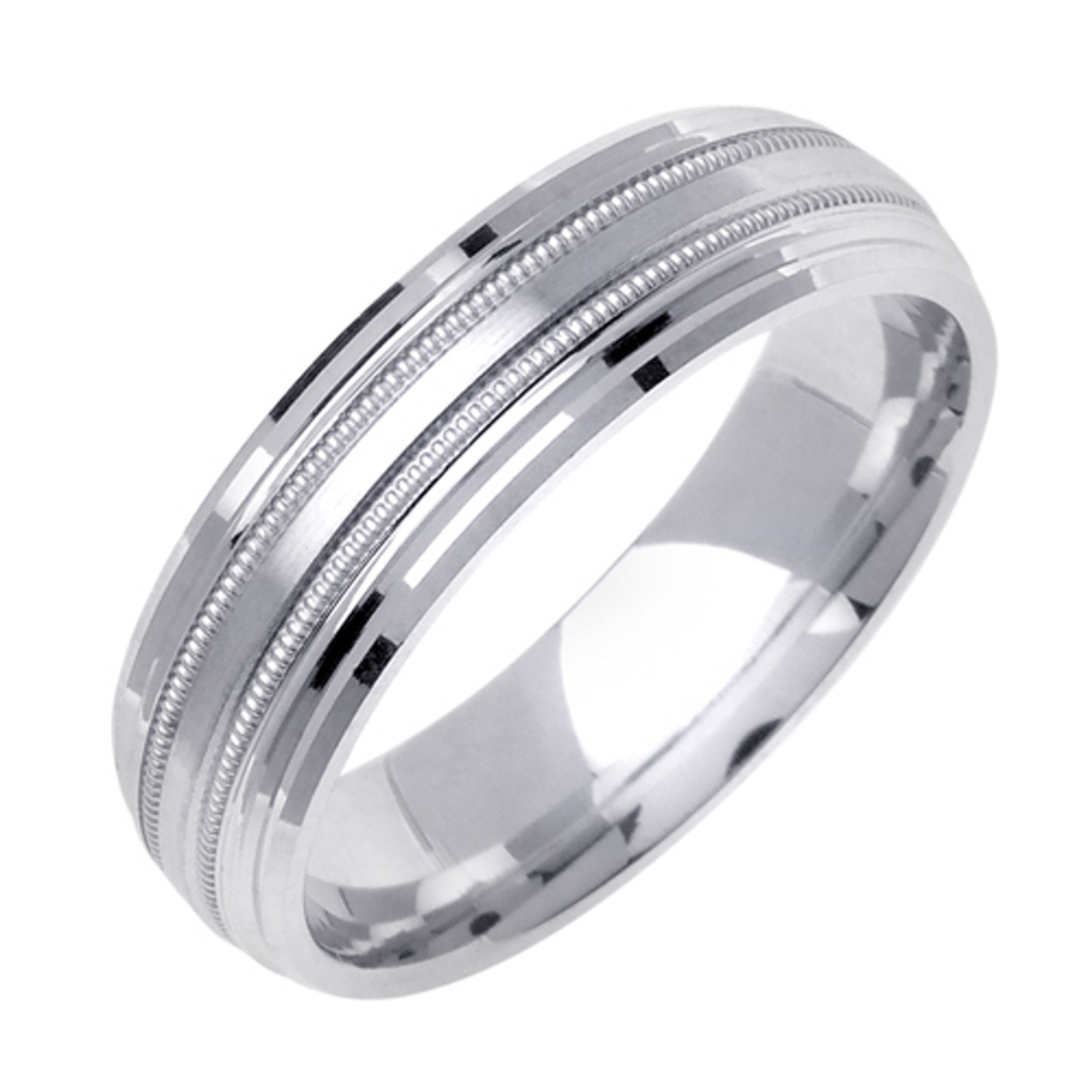 18K White Gold 6mm Wide Modern Look With 2 Rows Of Milgrain Wedding Band 18K White Gold 6mm Wide Modern Look With 2 Rows Of Milgrain Wedding Band