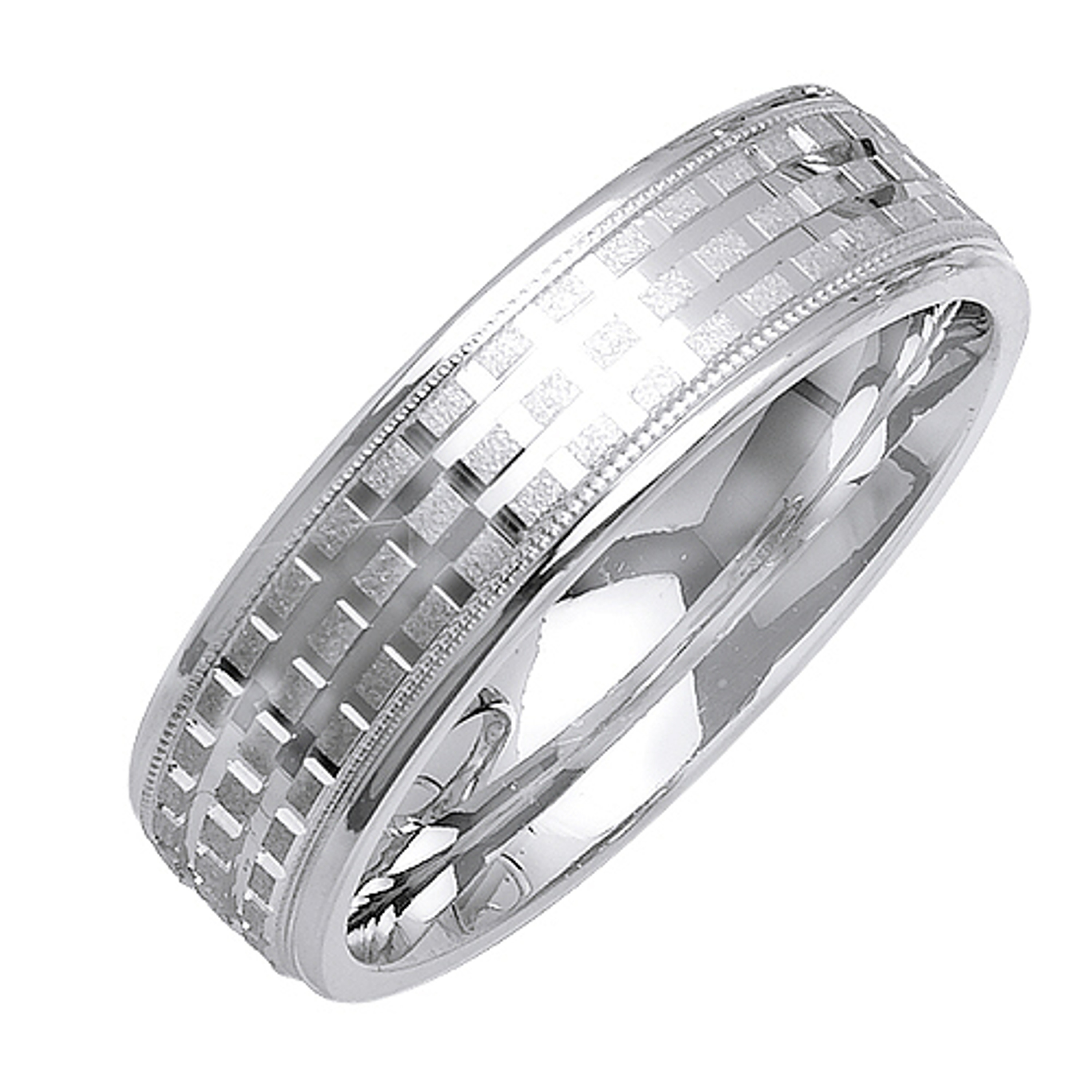 18K White Gold 6mm Wide Checker Pattern With Milgrain Edge Wedding Band 18K White Gold 6mm Wide Checker Pattern With Milgrain Edge Wedding Band