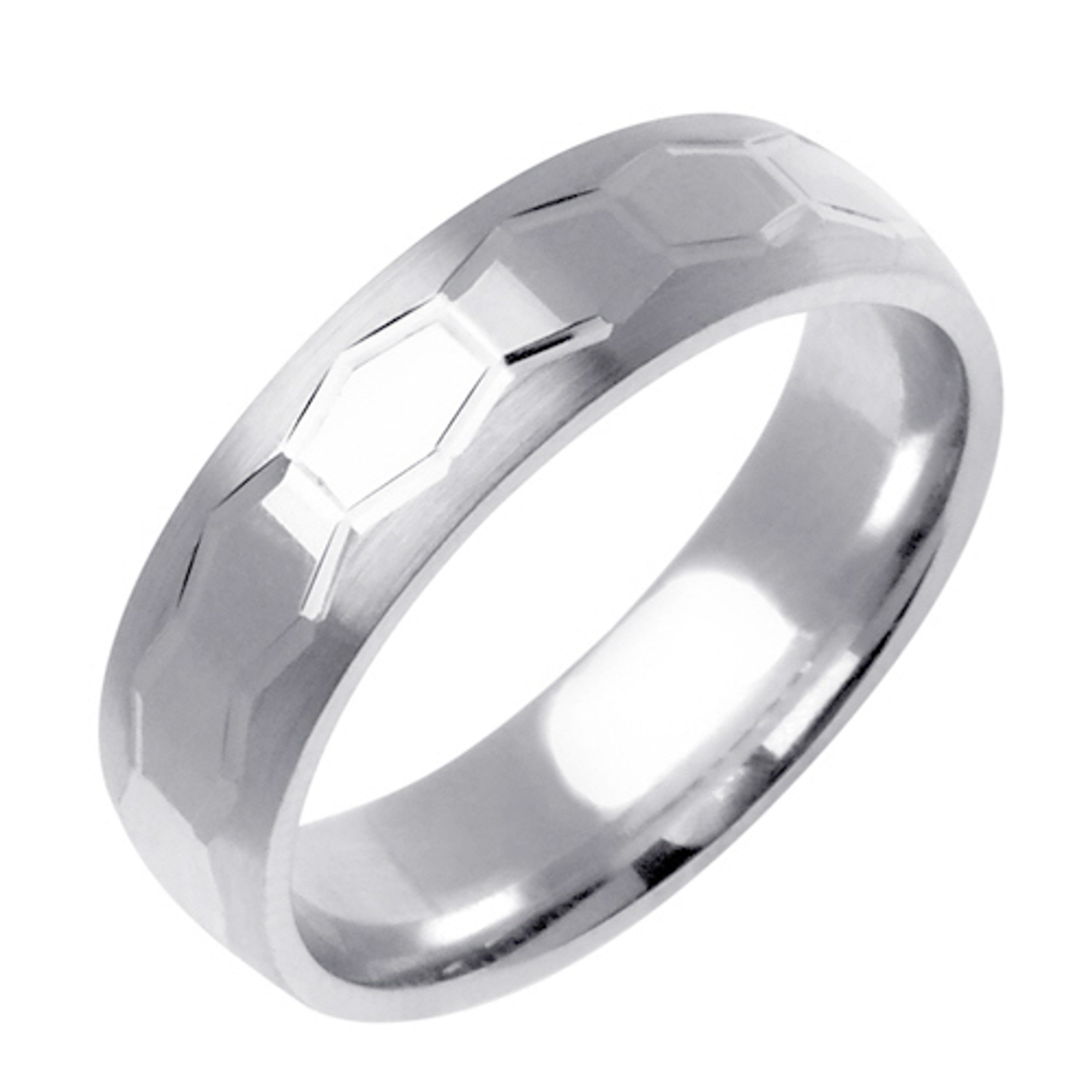 18K White Gold 6mm Wide Polished Hexagon Pattern Wedding Band 18K White Gold 6mm Wide Polished Hexagon Pattern Wedding Band