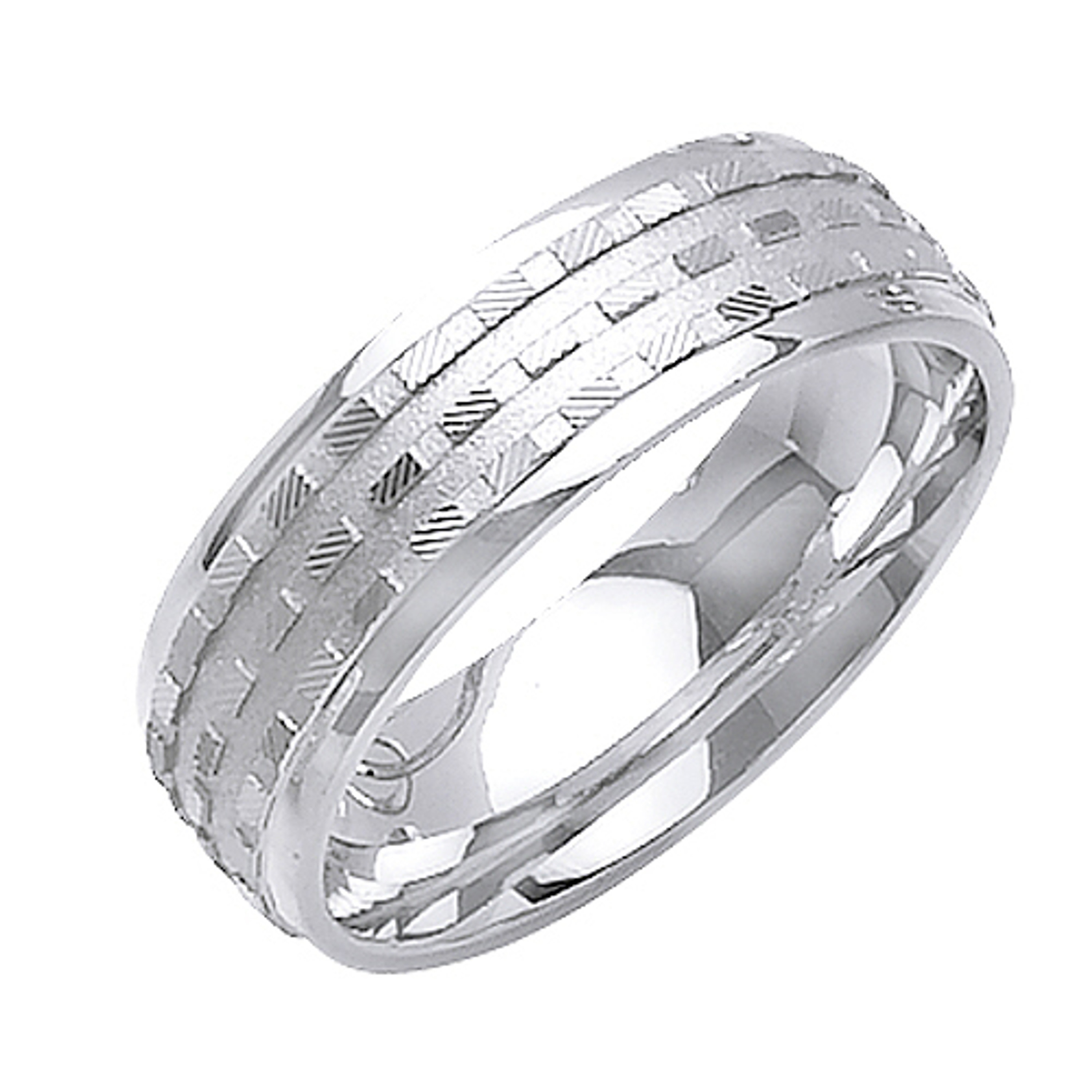 18K White Gold 7mm Wide Matte Finished Checker Pattern Wedding Band 18K White Gold 7mm Wide Matte Finished Checker Pattern Wedding Band