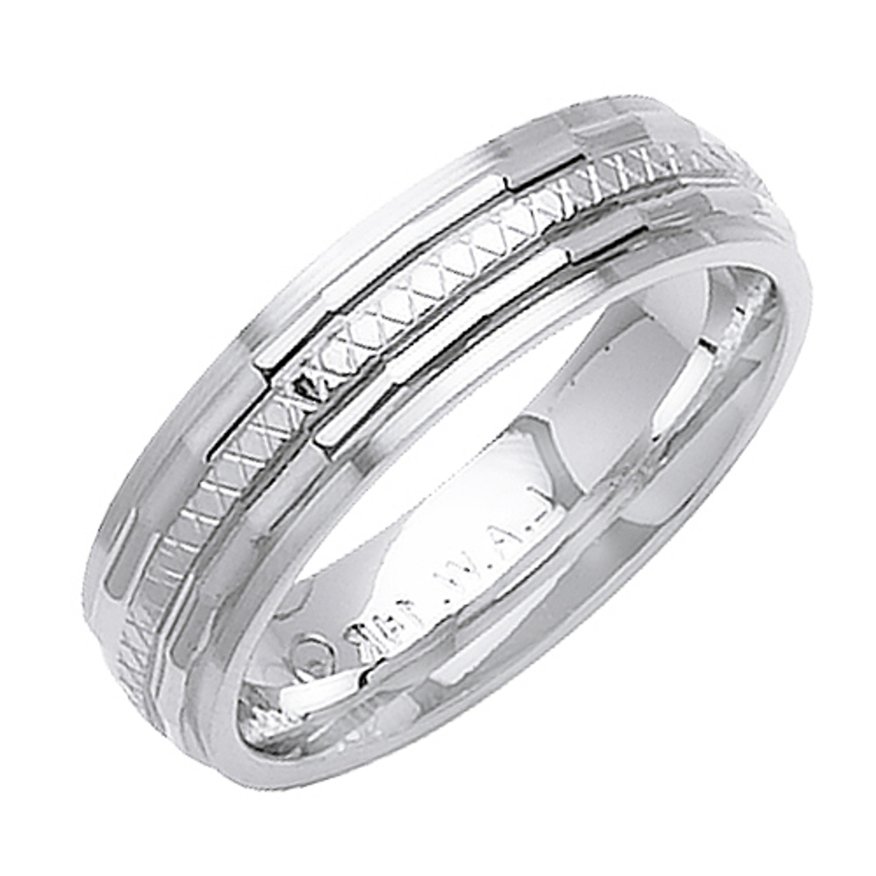18K White Gold 6mm Wide Modern Look With Center X Pattern Wedding Band 18K White Gold 6mm Wide Modern Look With Center X Pattern Wedding Band