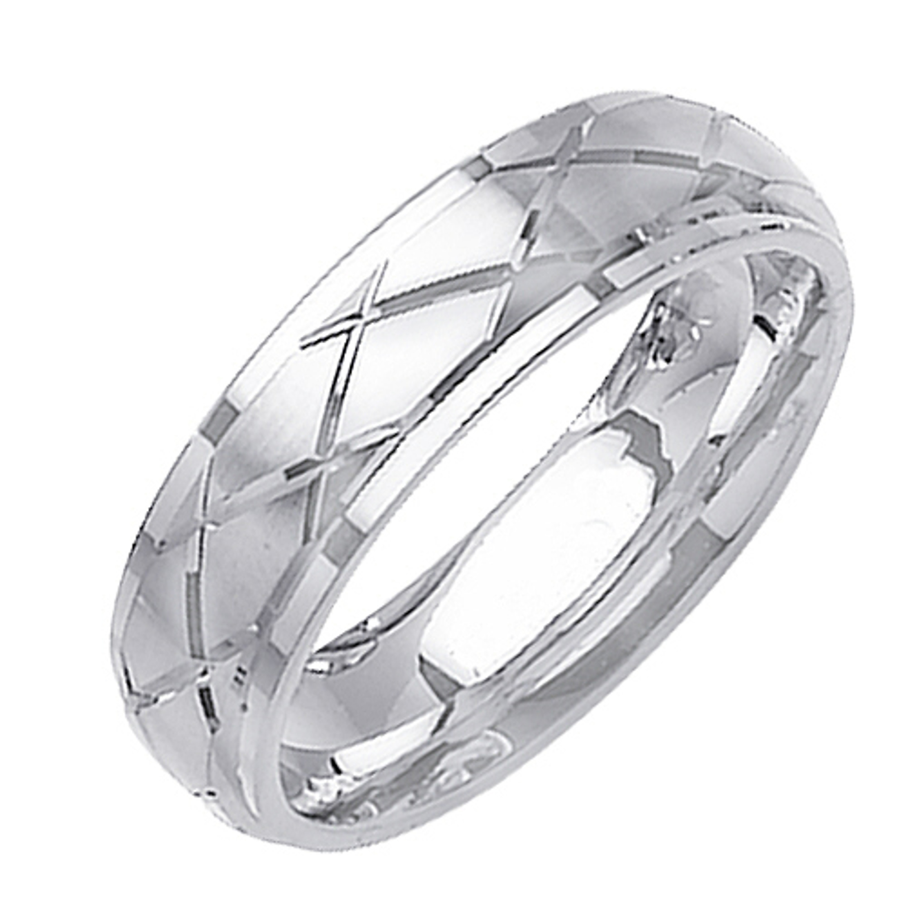 18K White Gold 6mm Wide Modern Look With Matte Finished X Pattern Wedding Band 18K White Gold 6mm Wide Modern Look With Matte Finished X Pattern Wedding Band