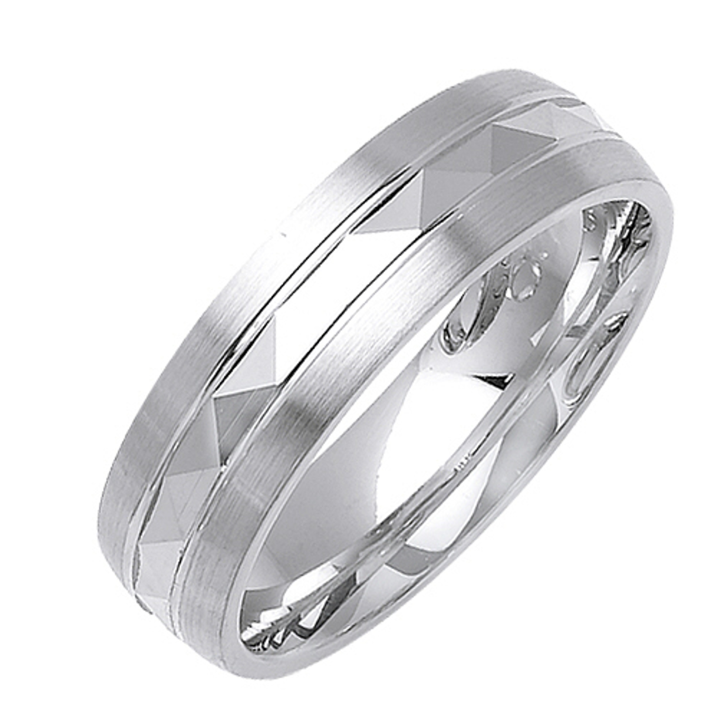 18K White Gold 6mm Wide Brushed Edge With Faceted Center Wedding Band 18K White Gold 6mm Wide Brushed Edge With Faceted Center Wedding Band