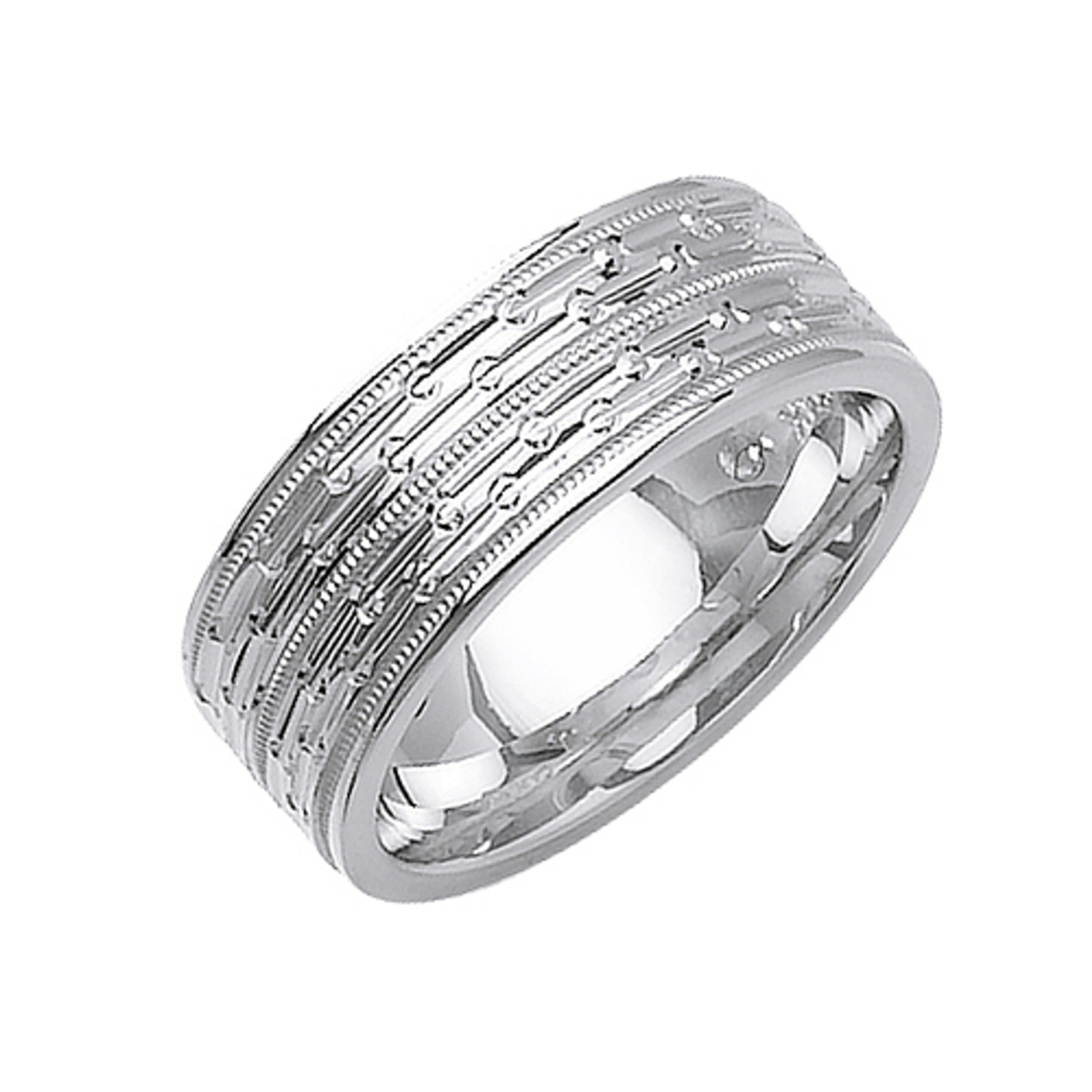 18K White Gold 6mm Wide Circle Faceted Pattern With 3 Rows Of Milgrain Wedding Band 18K White Gold 6mm Wide Circle Faceted Pattern With 3 Rows Of Milgrain Wedding Band