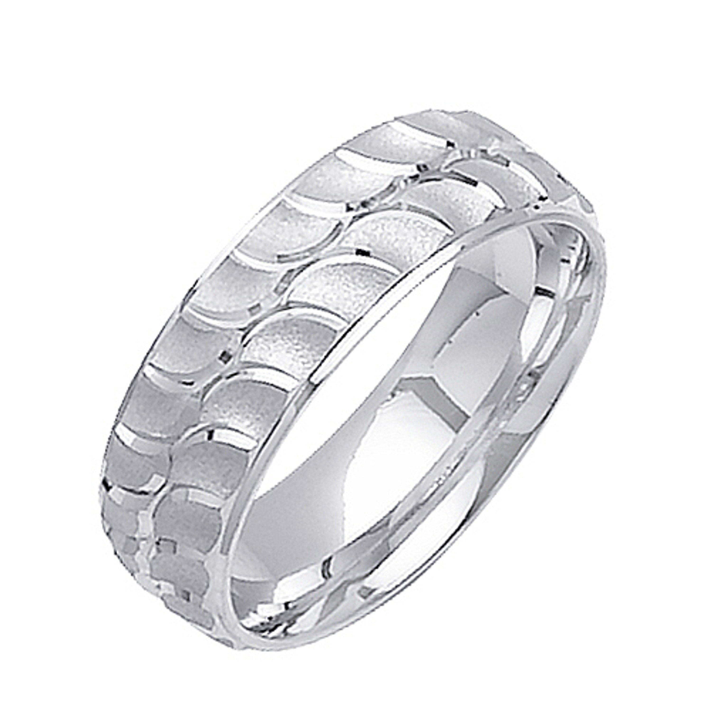 18K White Gold 7mm Wide Brushed Finished With Half Circle Pattern Wedding Band 18K White Gold 7mm Wide Brushed Finished With Half Circle Pattern Wedding Band