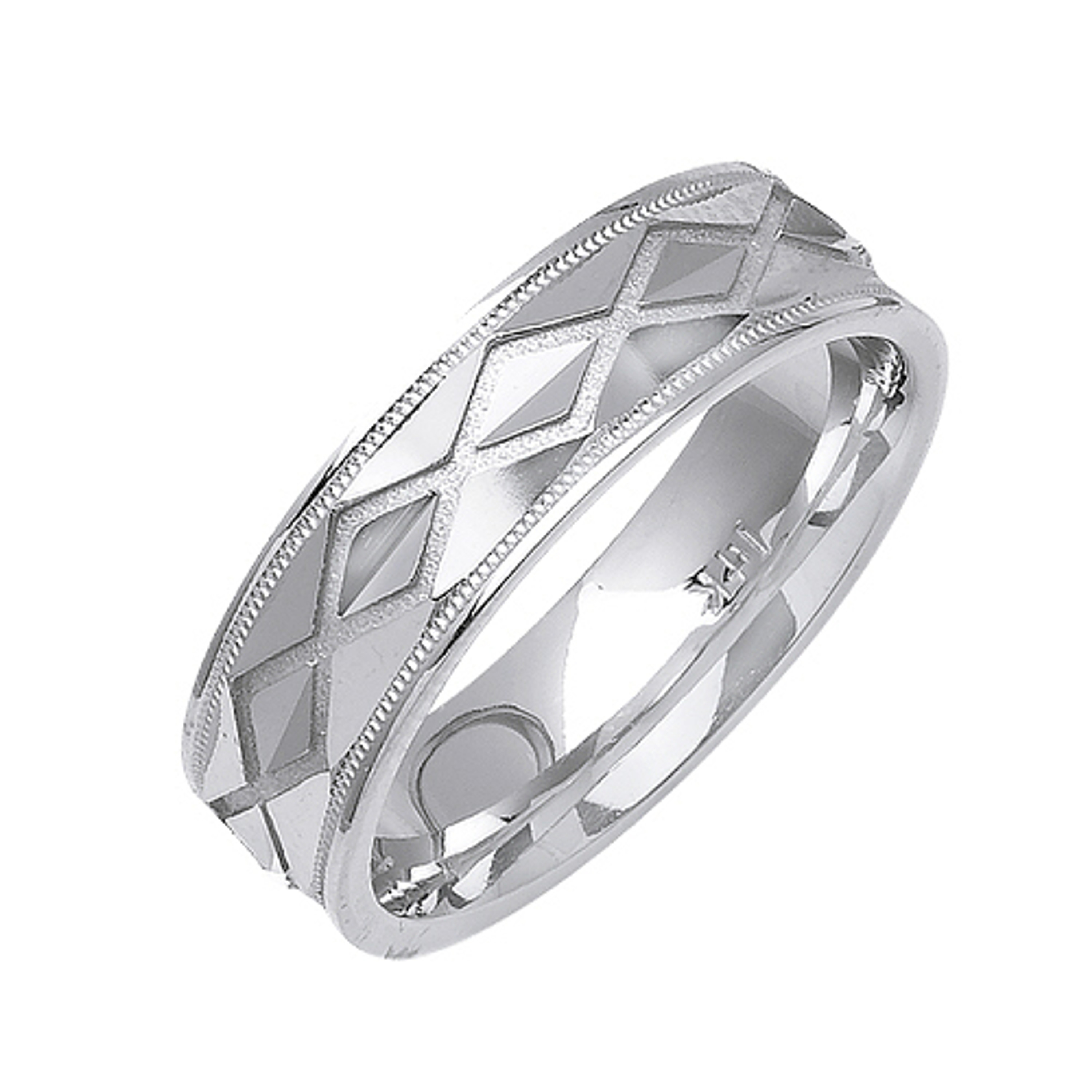 18K White Gold 6mm Wide Zigzag Pattern With Faceted Center Wedding Band 18K White Gold 6mm Wide Zigzag Pattern With Faceted Center Wedding Band
