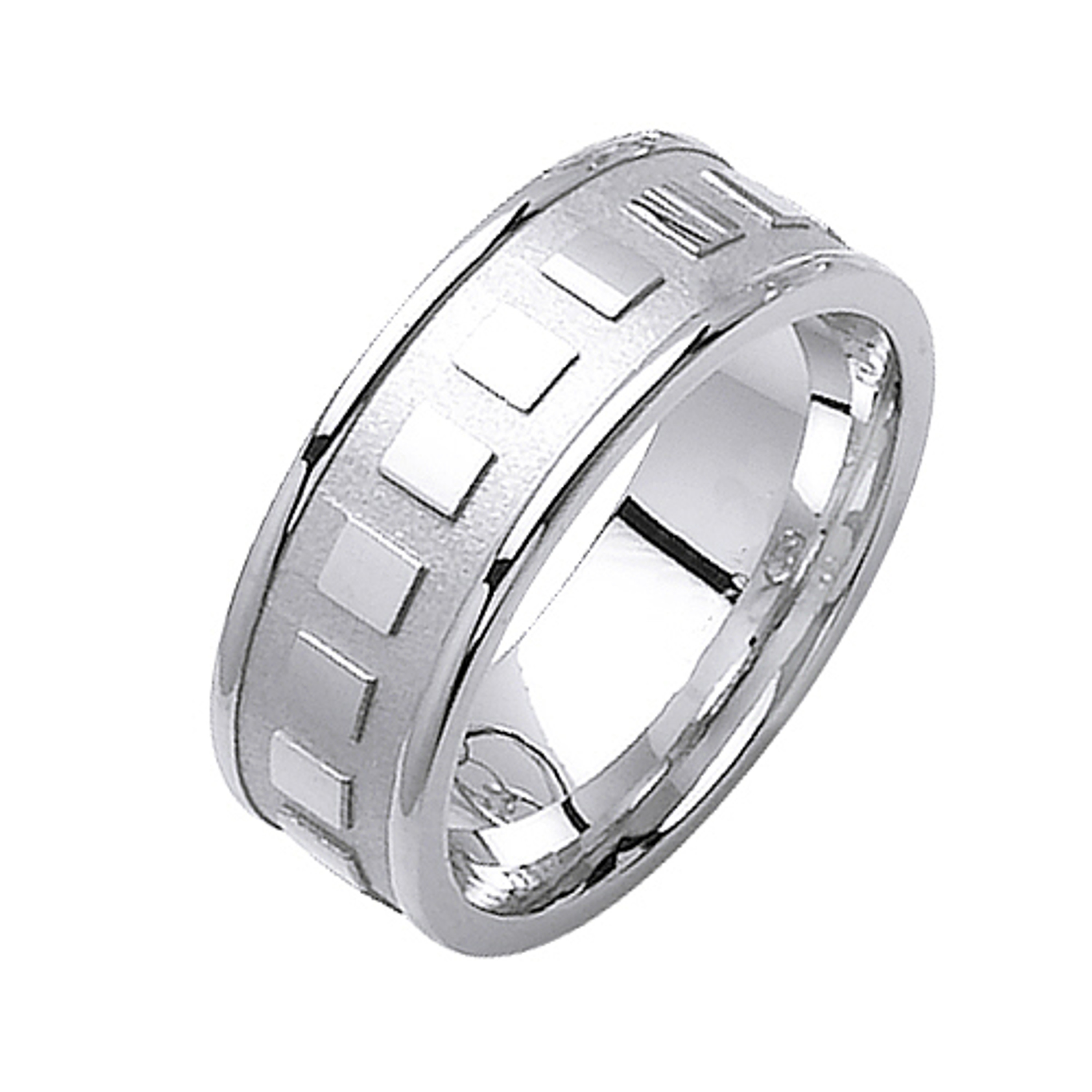 18k White Gold Square Pattern 8mm wide Fancy Wedding Band 18k White Gold Square Pattern 8mm wide Fancy Wedding Band