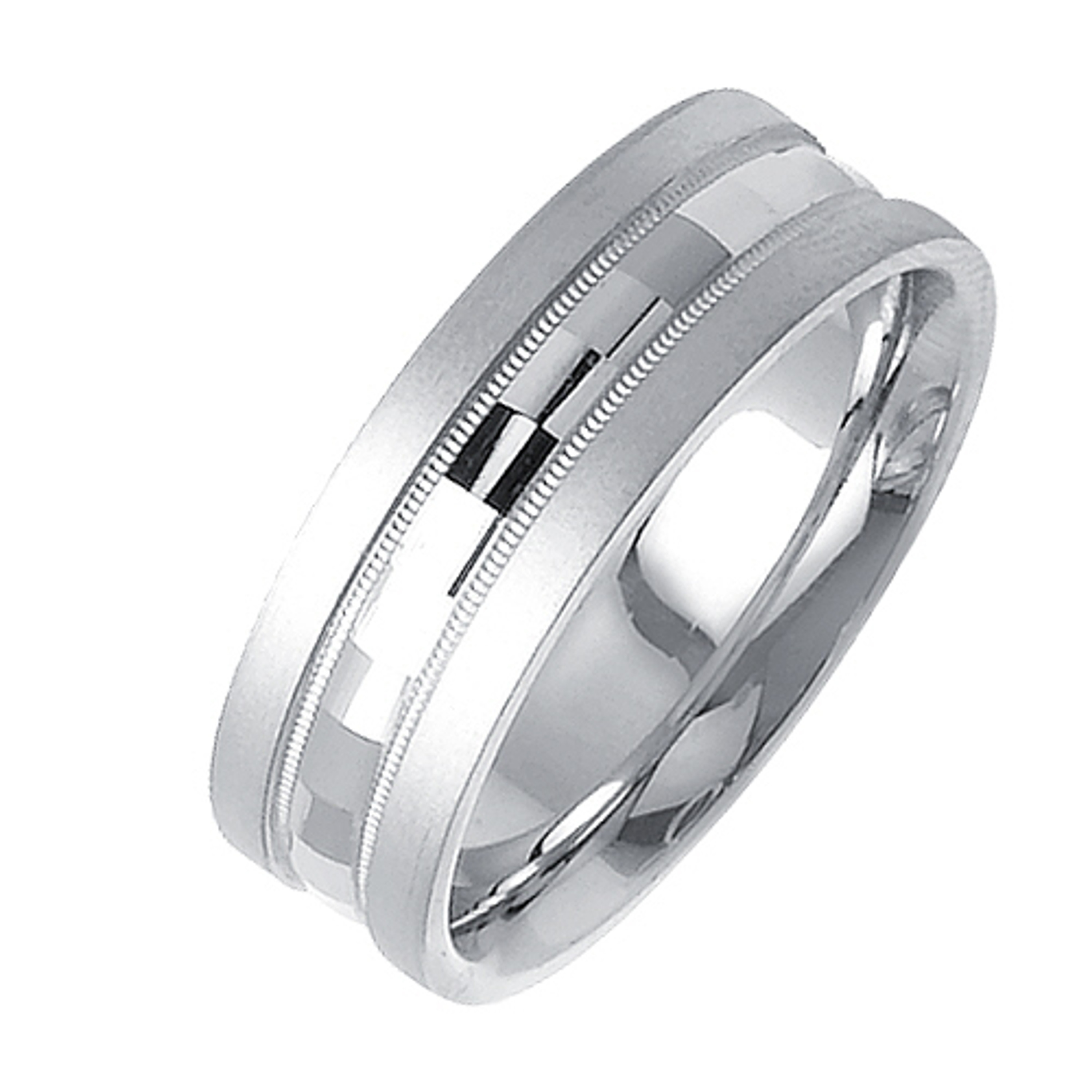 18K White Gold 7mm Wide Matte Finish With A Polished Faceted Center   Wedding Band 18K White Gold 7mm Wide Matte Finish With A Polished Faceted Center   Wedding Band