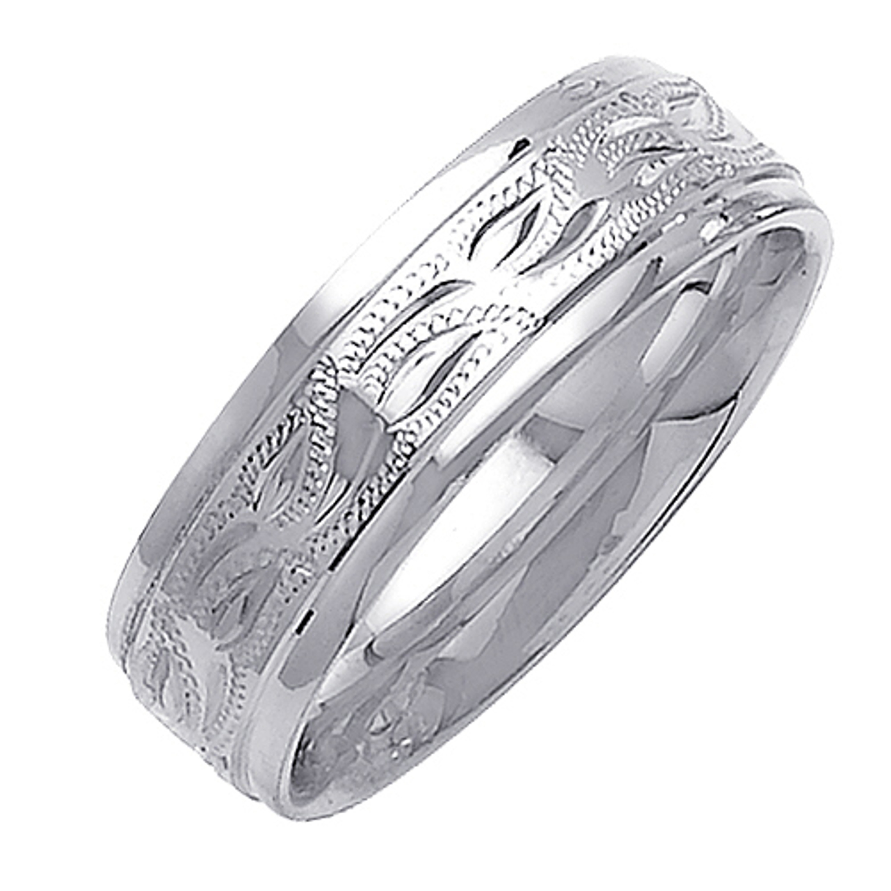 18K White Gold 7mm Wide Leaf Pattern Wedding Band 18K White Gold 7mm Wide Leaf Pattern Wedding Band