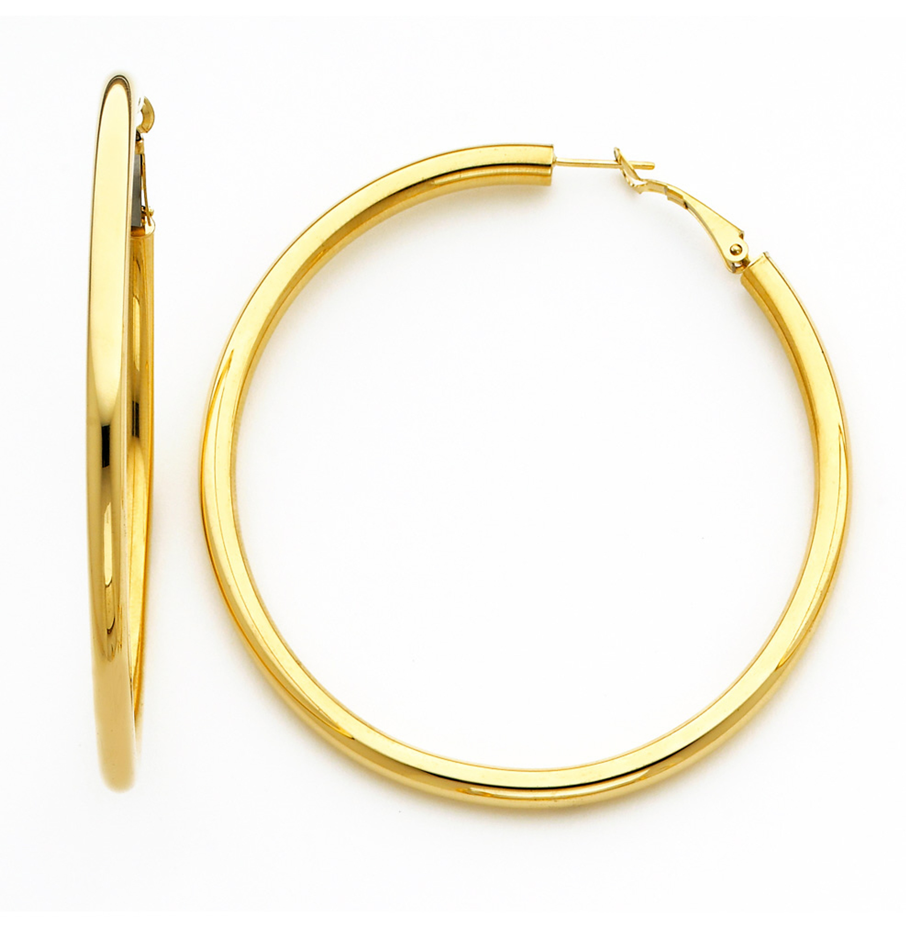 18k Yellow Gold 4mm by 75mm Leverback Hoop Earrings 18k Yellow Gold 4mm by 75mm Leverback Hoop Earrings