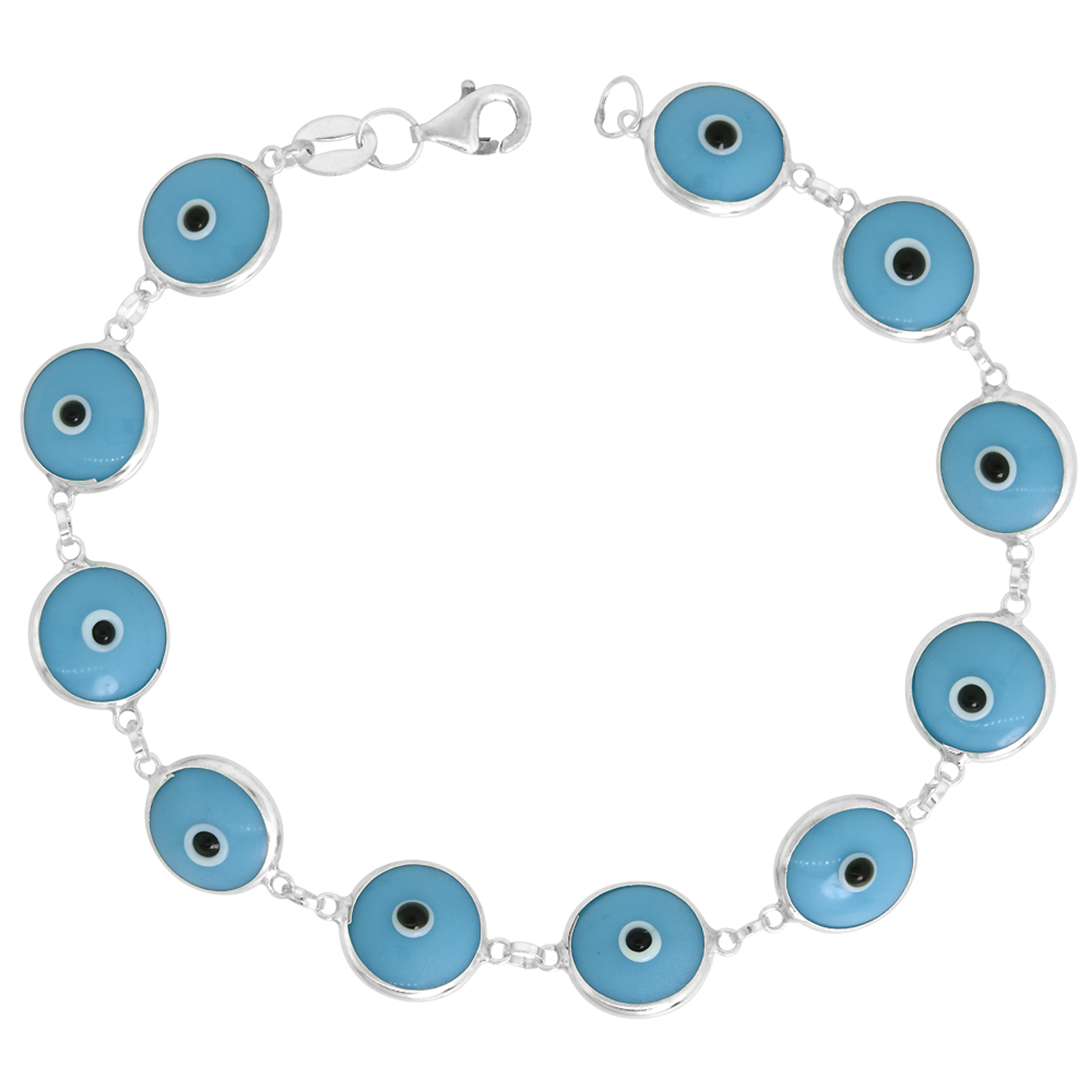 Sterling Silver LIGHT BLUE GLASS EVIL EYE BRACELET 7" Sterling Silver LIGHT BLUE GLASS EVIL EYE BRACELET 7"
