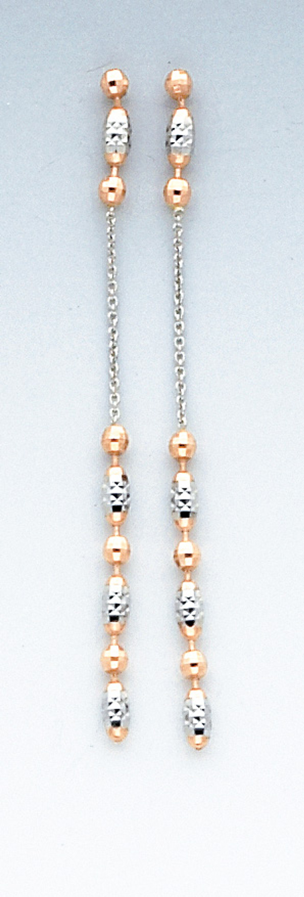 14k Rose and White Gold Bead Two Chains Drop Earring 14k Rose and White Gold Bead Two Chains Drop Earring