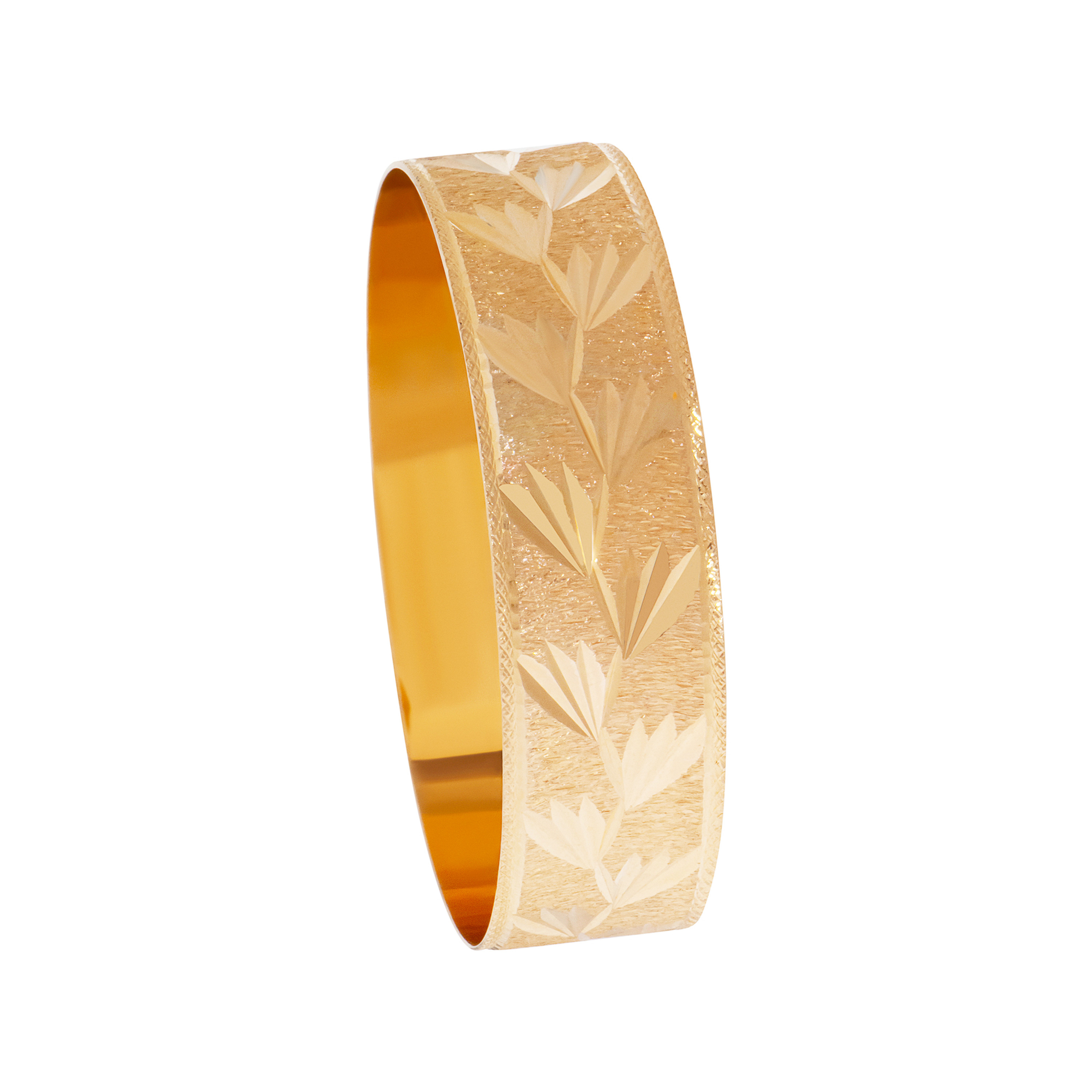 14k Gold 18mm Wide Leaf Pattern Slip-on Solid Bangle 8 Inches 14k Gold 18mm Wide Leaf Pattern Slip-on Solid Bangle 8 Inches
