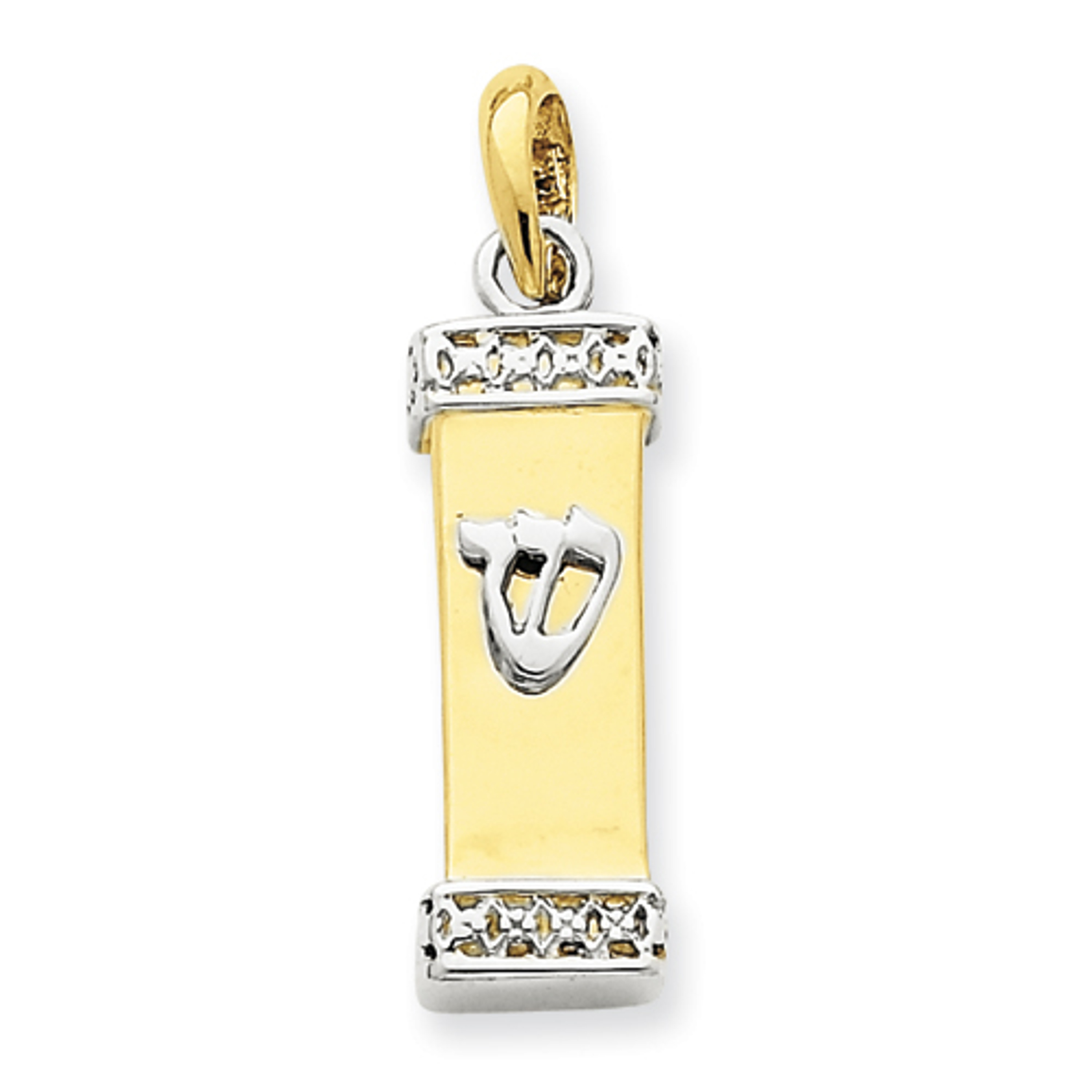 14k Yellow and White Gold Mezuzah With Shin Pendant 14k Yellow and White Gold Mezuzah With Shin Pendant