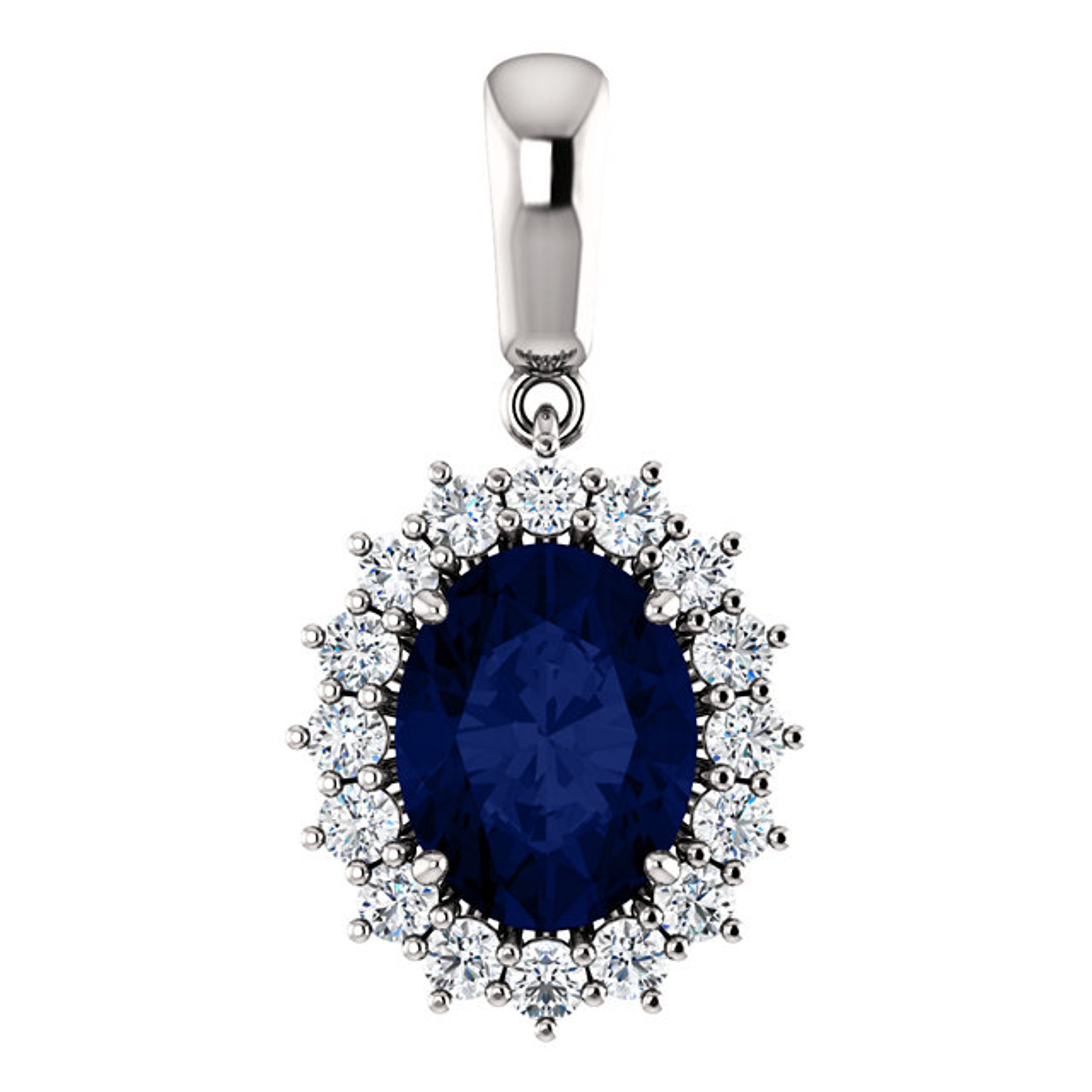 14k White Gold Oval Sapphire Pendant Surrounded By 14 Round Diamonds 6x8 14k White Gold Oval Sapphire Pendant Surrounded By 14 Round Diamonds 6x8