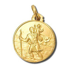 14K Solid Yellow Gold Small St. Christopher Medal Charm Round Pendant - 0.87 Inch