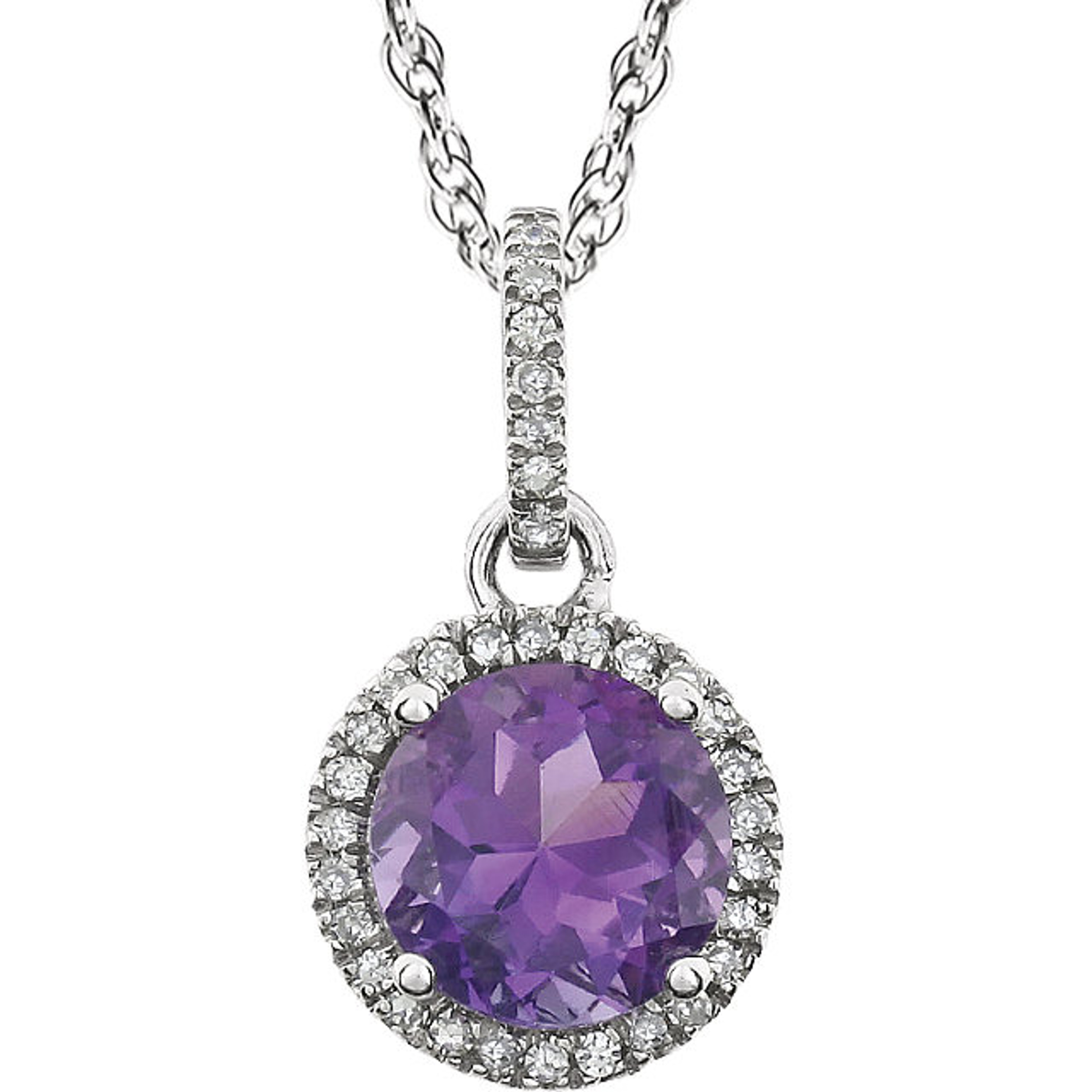14k white Gold Amethyst & Diamond Halo Styled Birthstone Necklace 14k white Gold Amethyst & Diamond Halo Styled Birthstone Necklace