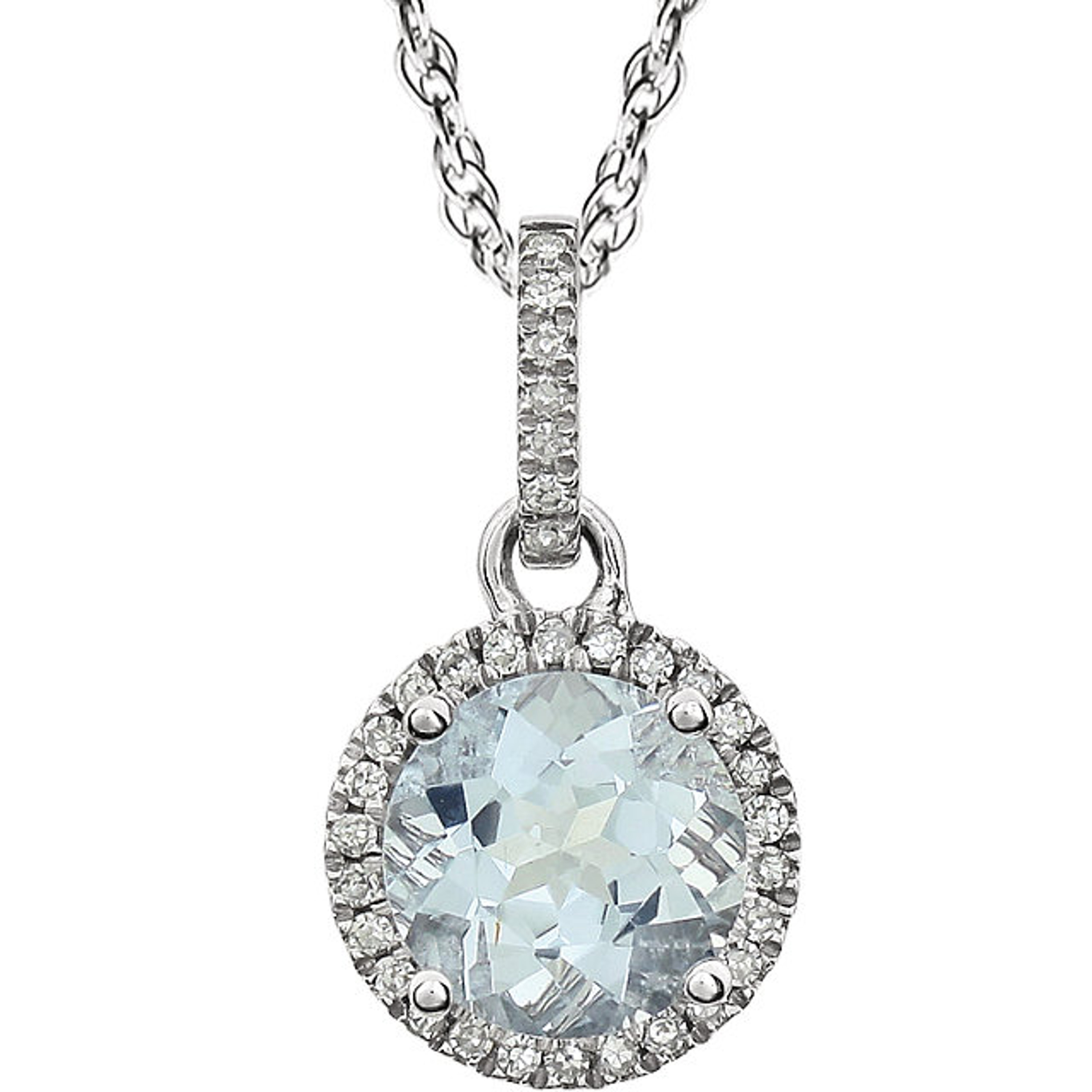 14k white Gold Aquamarine & Diamond Halo Styled Birthstone Necklace 14k white Gold Aquamarine & Diamond Halo Styled Birthstone Necklace