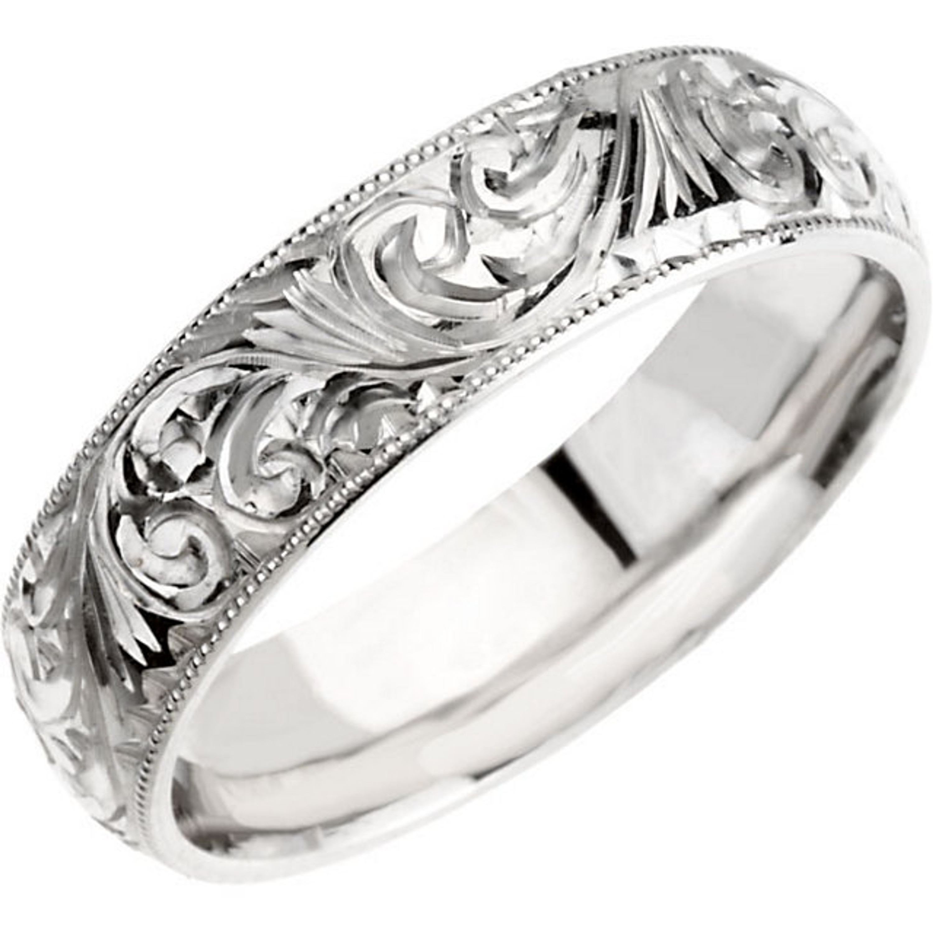 14k White Gold 6mm Hand Engraved Comfort Fit Milgrain Wedding Band 14k White Gold 6mm Hand Engraved Comfort Fit Milgrain Wedding Band