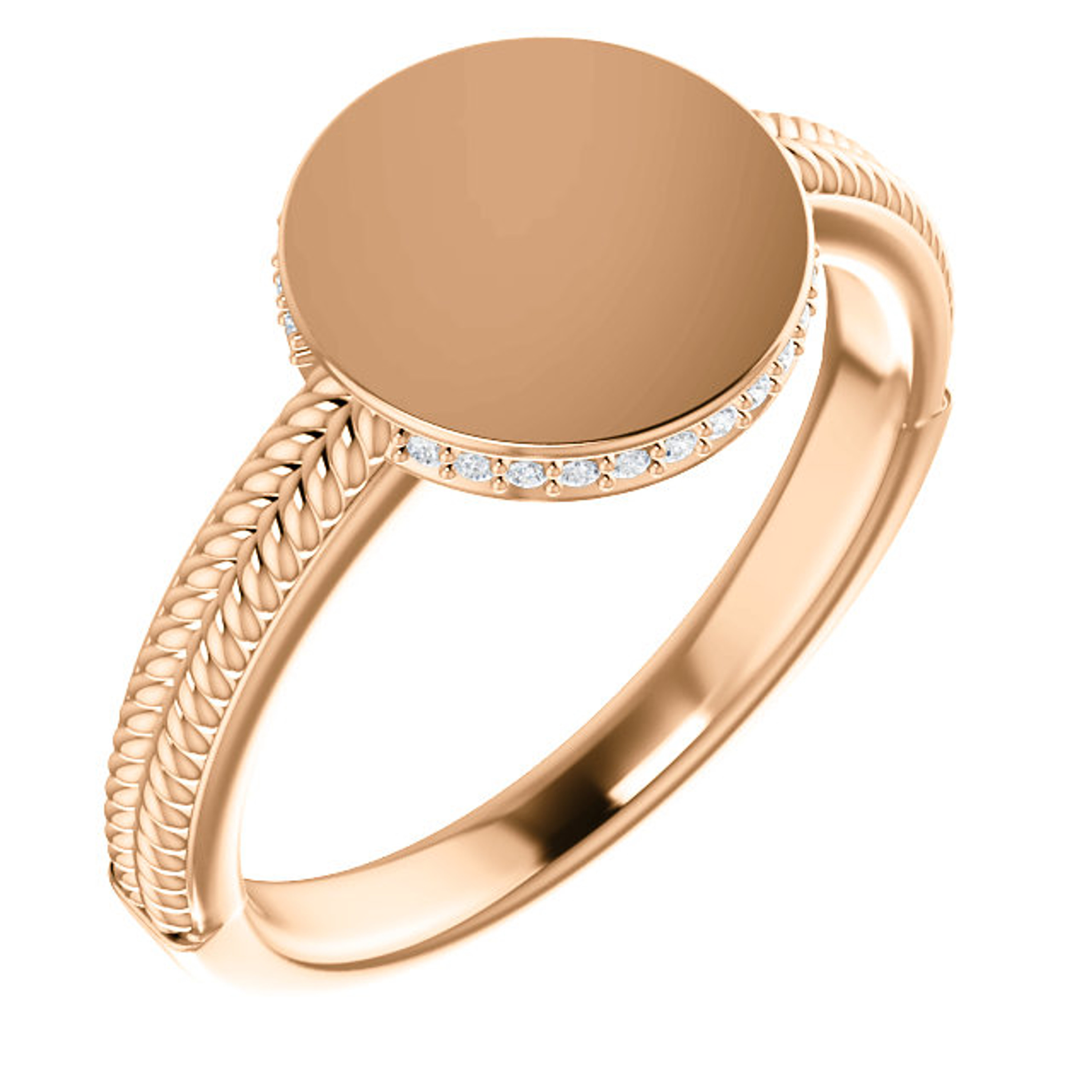 14k Rose Gold Ladies Diamond Signet Ring 1/10 Ctw. 10mm Solid Back 14k Rose Gold Ladies Diamond Signet Ring 1/10 Ctw. 10mm Solid Back