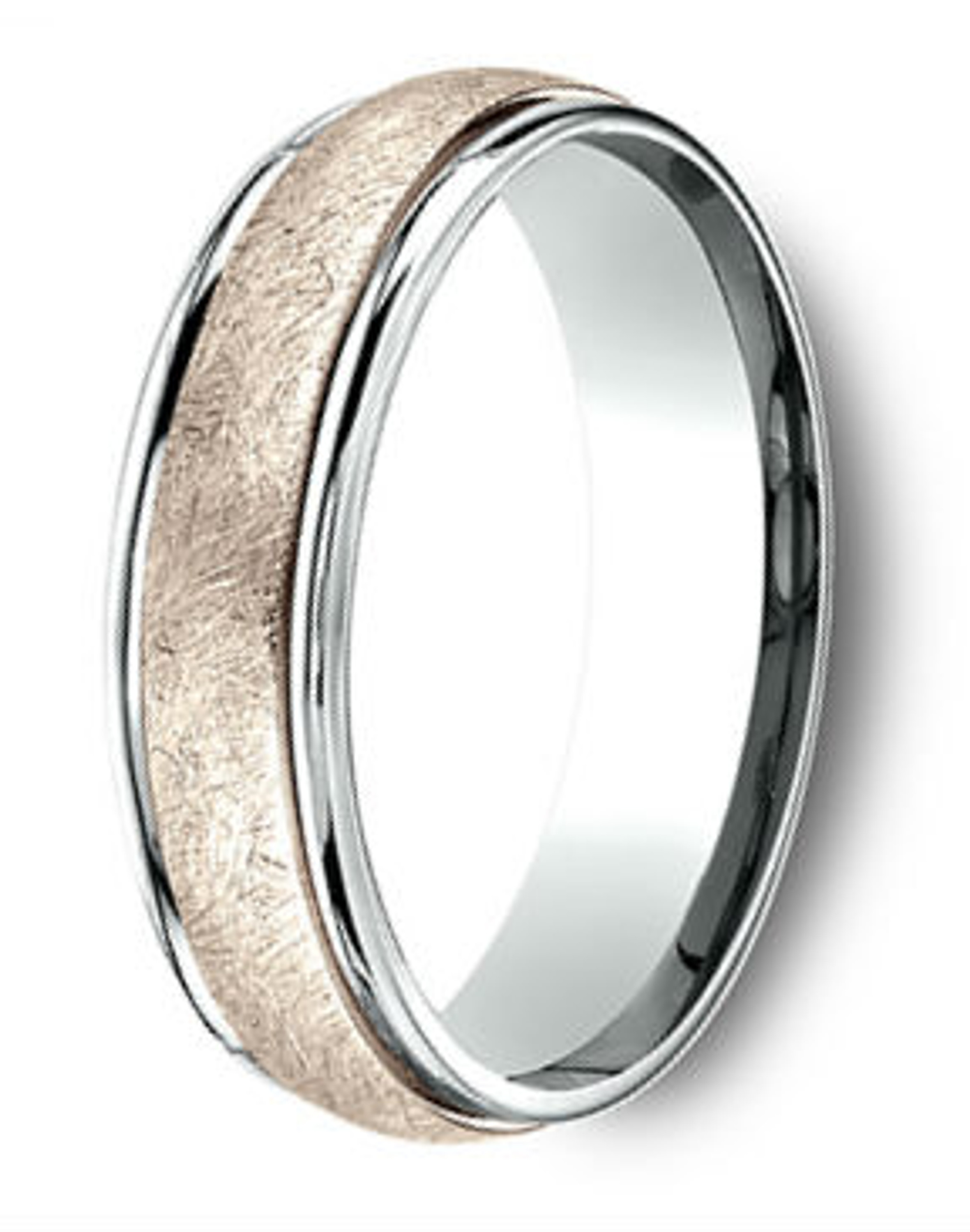 14Kt Rose Gold and Platinum Two Tone Swirl Center Wedding Band 6mm 14Kt Rose Gold and Platinum Two Tone Swirl Center Wedding Band 6mm