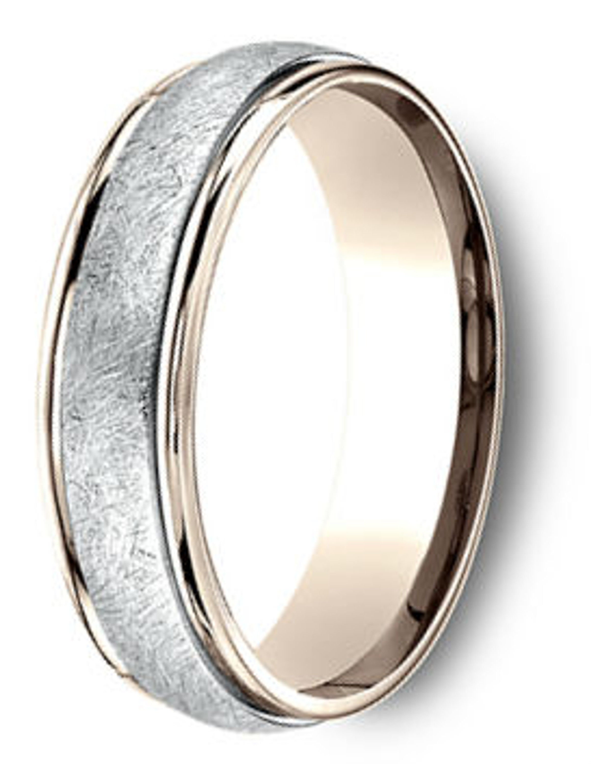 14Kt Rose Gold and Platinum Two Tone Swirl Center Wedding Band 6mm 14Kt Rose Gold and Platinum Two Tone Swirl Center Wedding Band 6mm